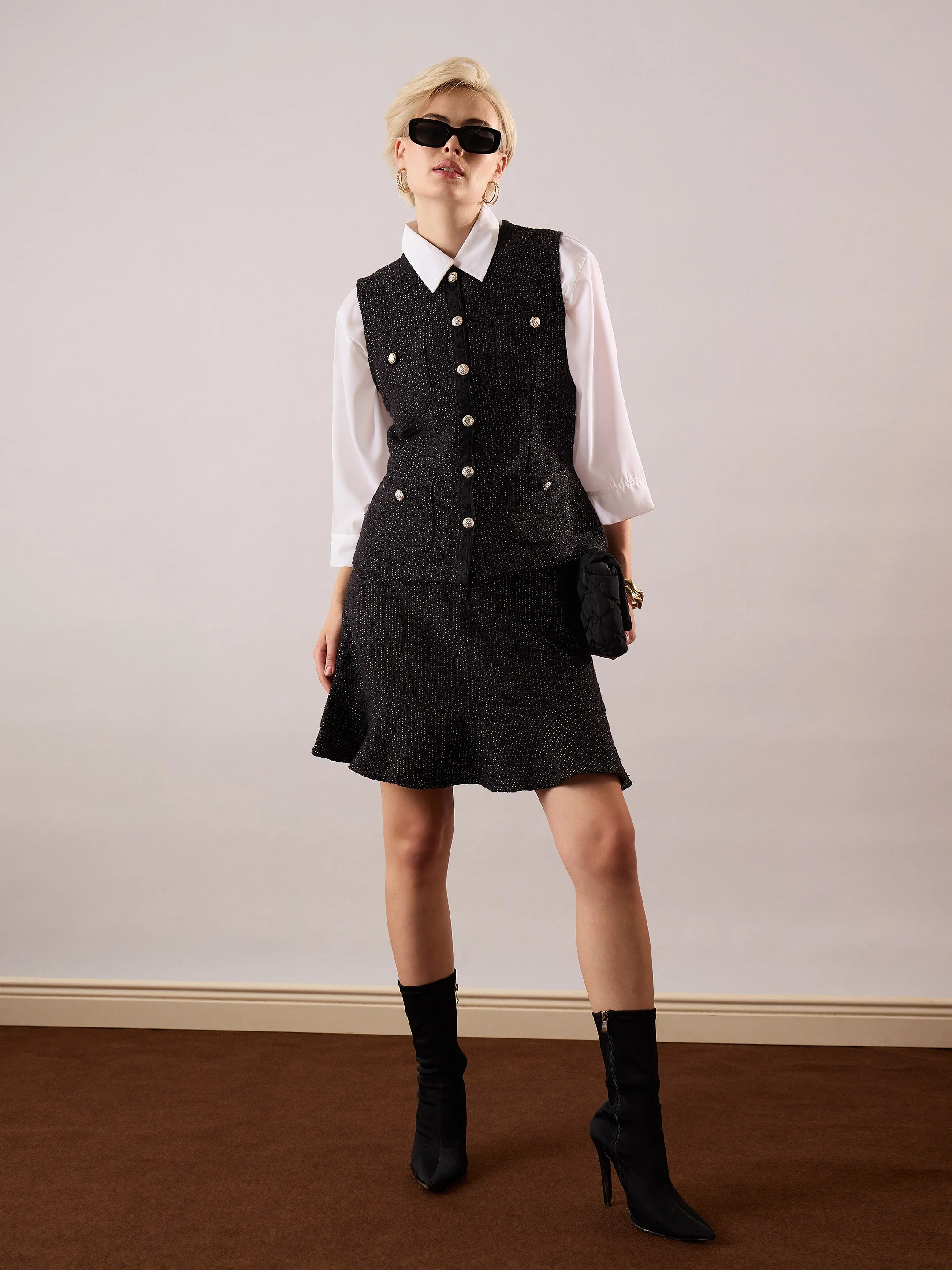 Women Black Tweed Waist Top With Flared Mini Skirt - Image 2