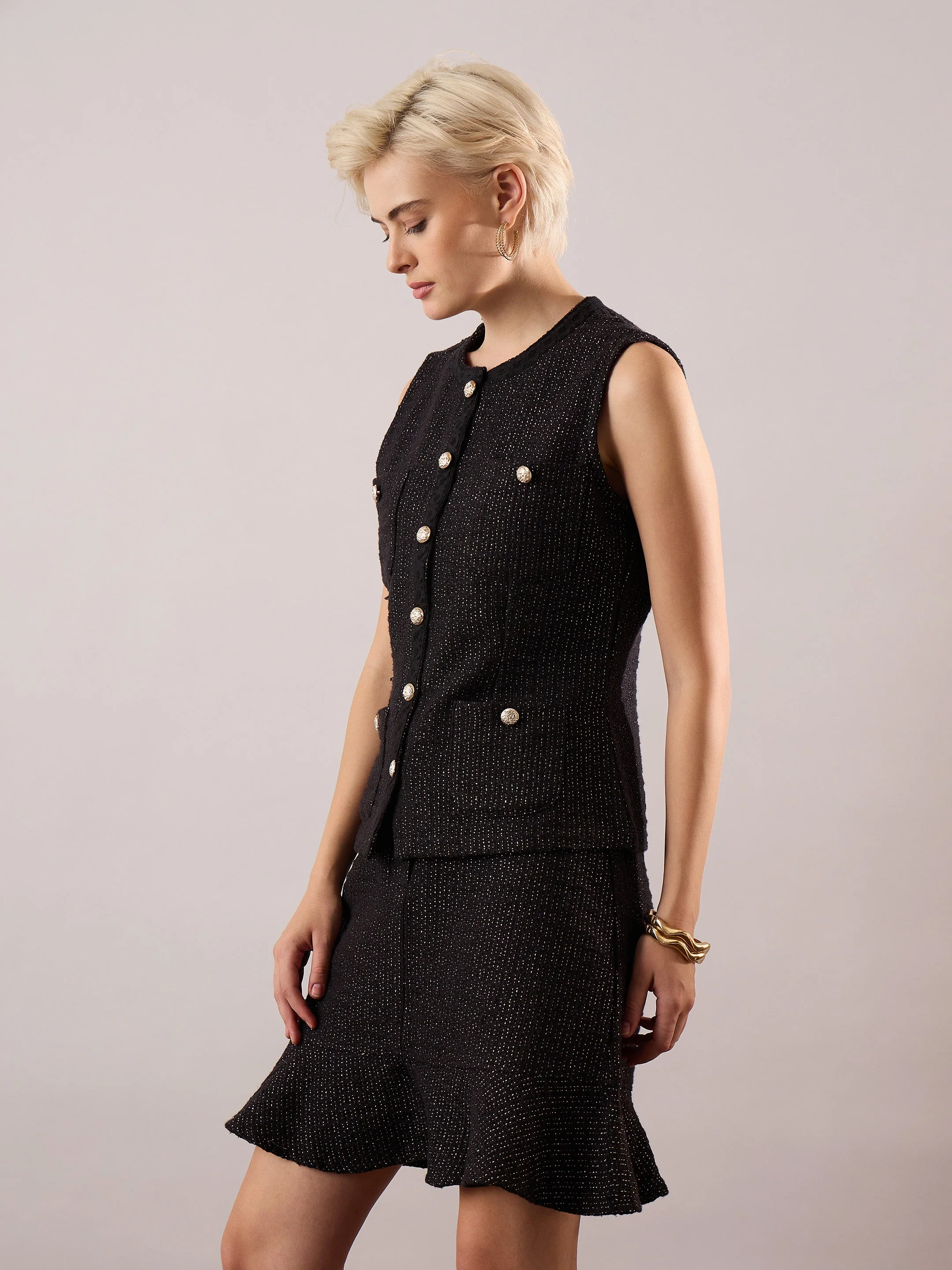 Women Black Tweed Waist Top With Flared Mini Skirt - Image 3