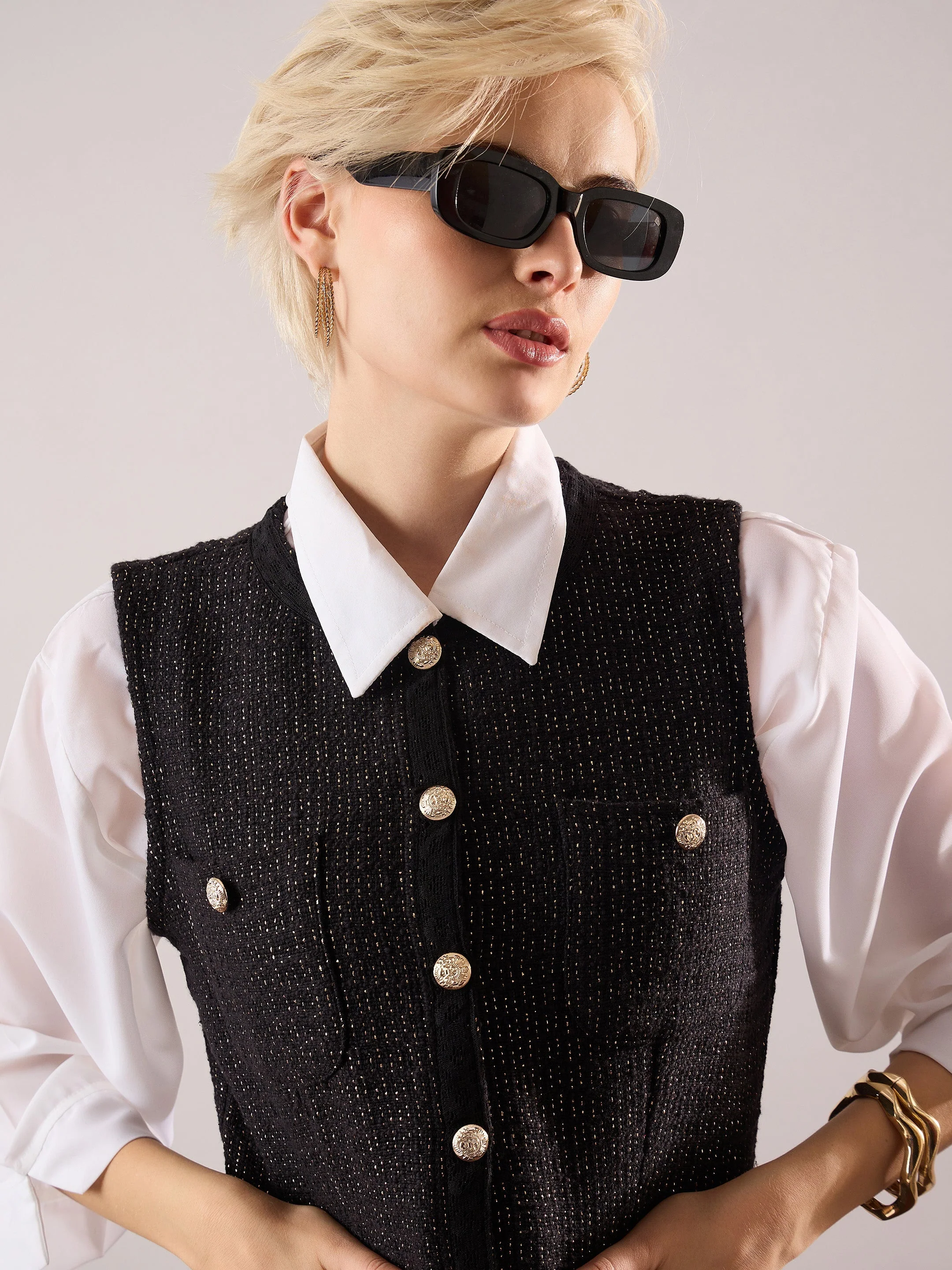 Women Black Tweed Waist Top With Flared Mini Skirt - Image 4