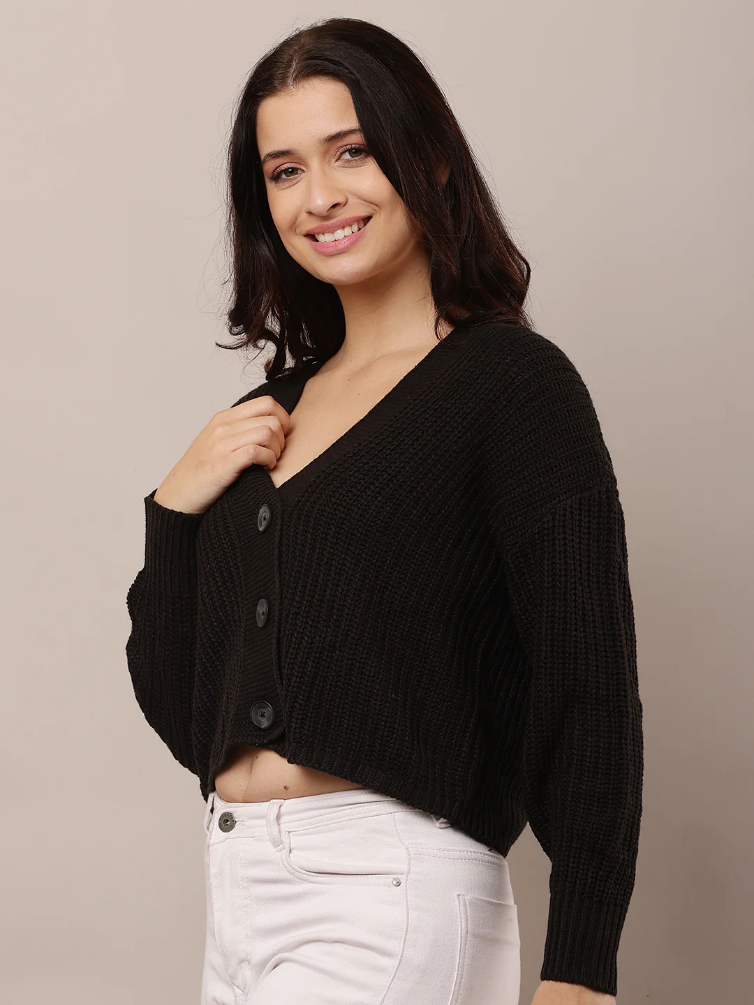 Women Black V-Neck Acrylic Cardigan - Image 2
