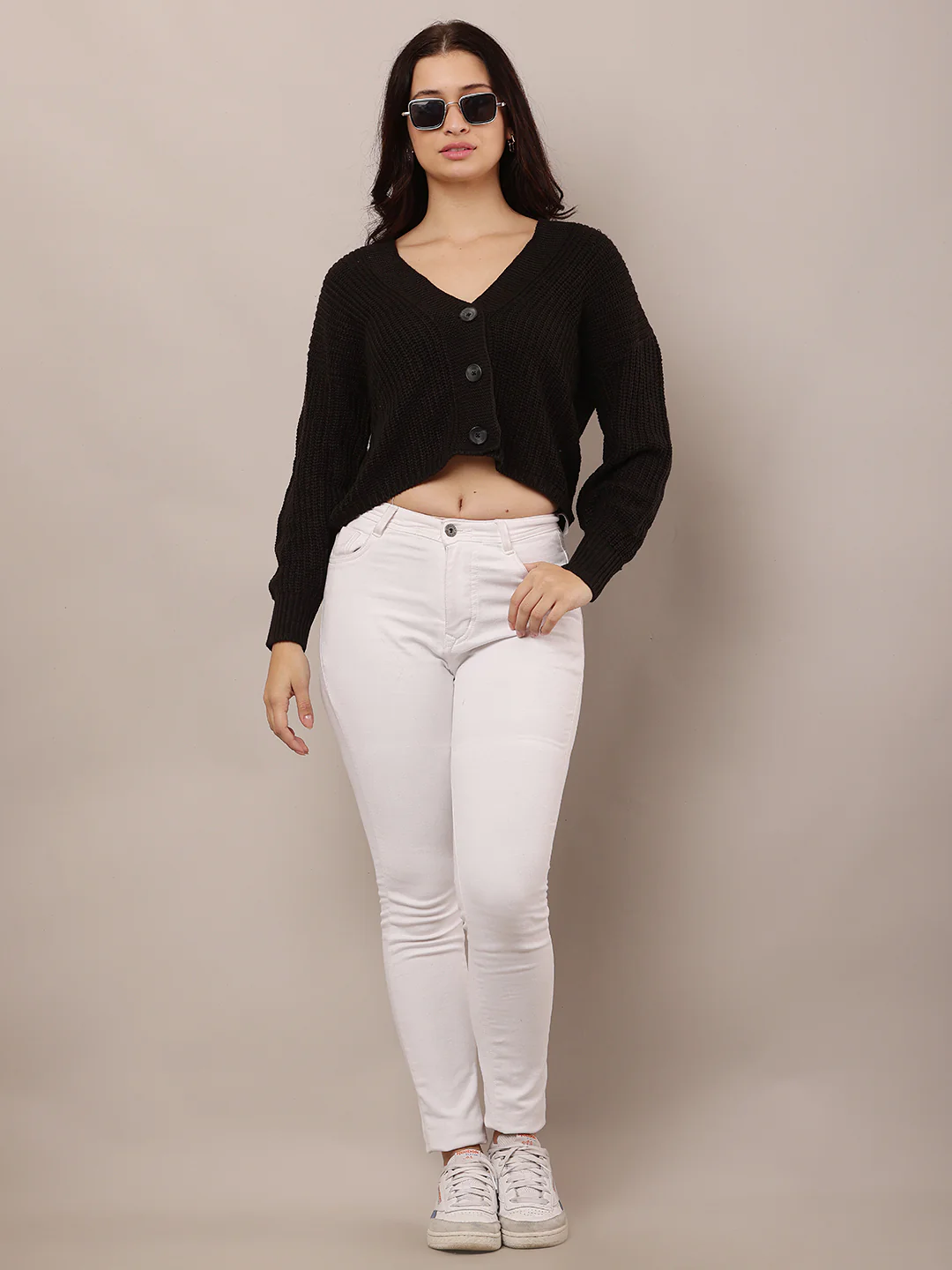 Women Black V-Neck Acrylic Cardigan - Image 3