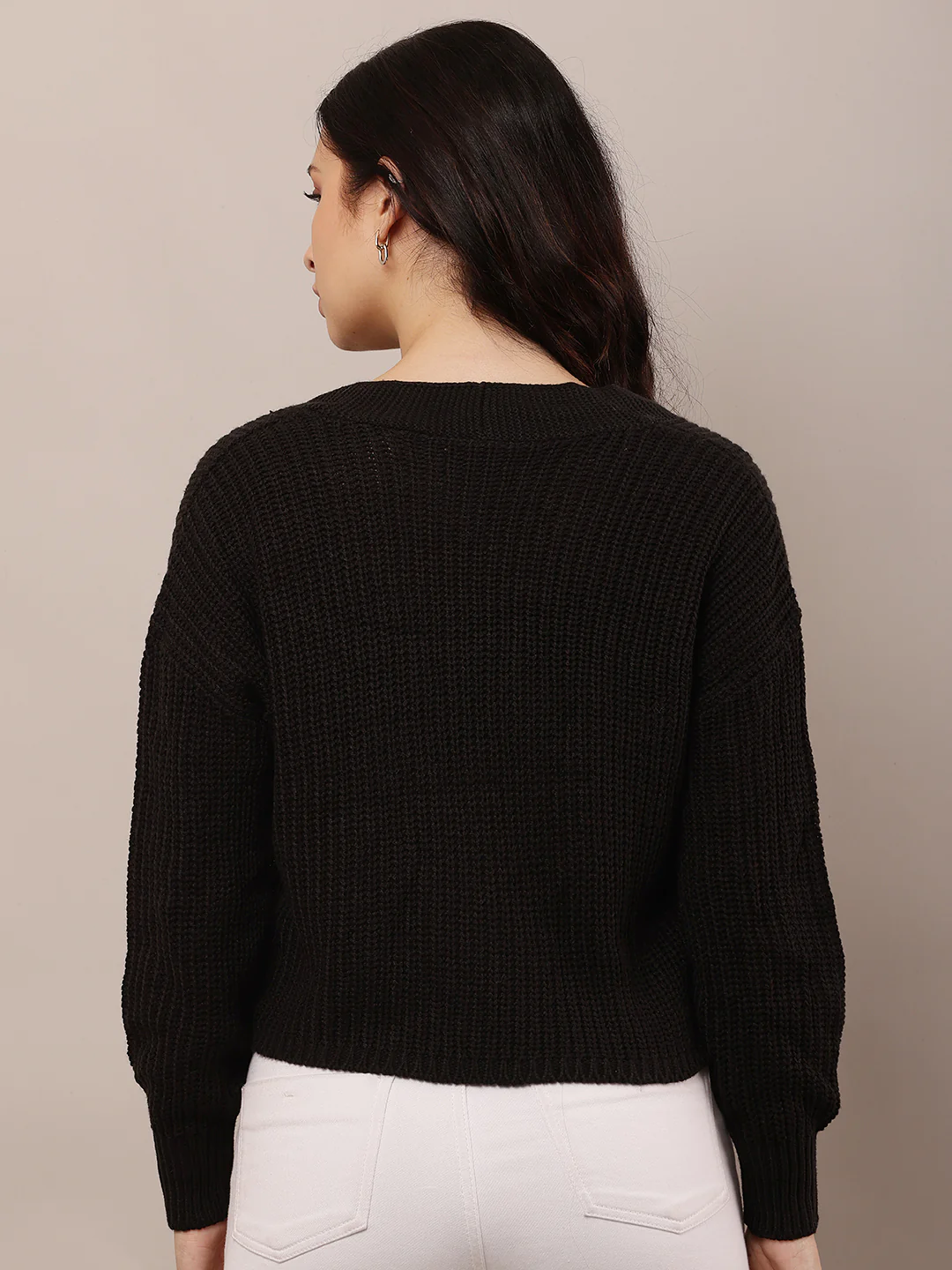 Women Black V-Neck Acrylic Cardigan - Image 4