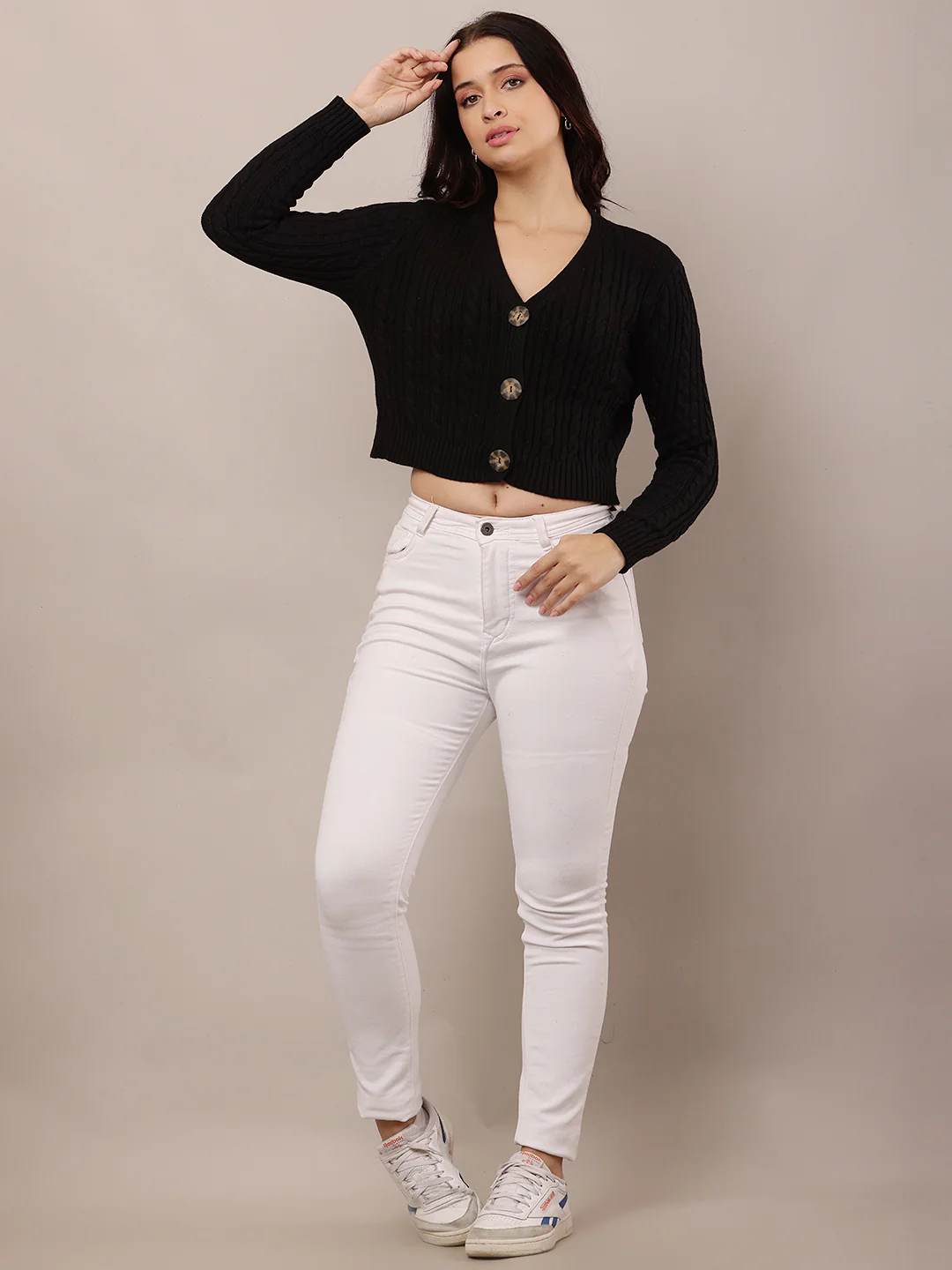Women Black V-Neck Cotton Cardigan - Image 3