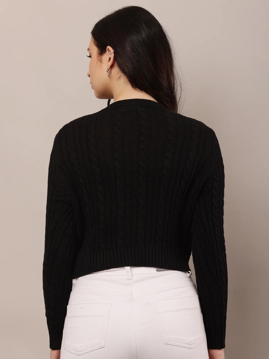 Women Black V-Neck Cotton Cardigan - Image 4