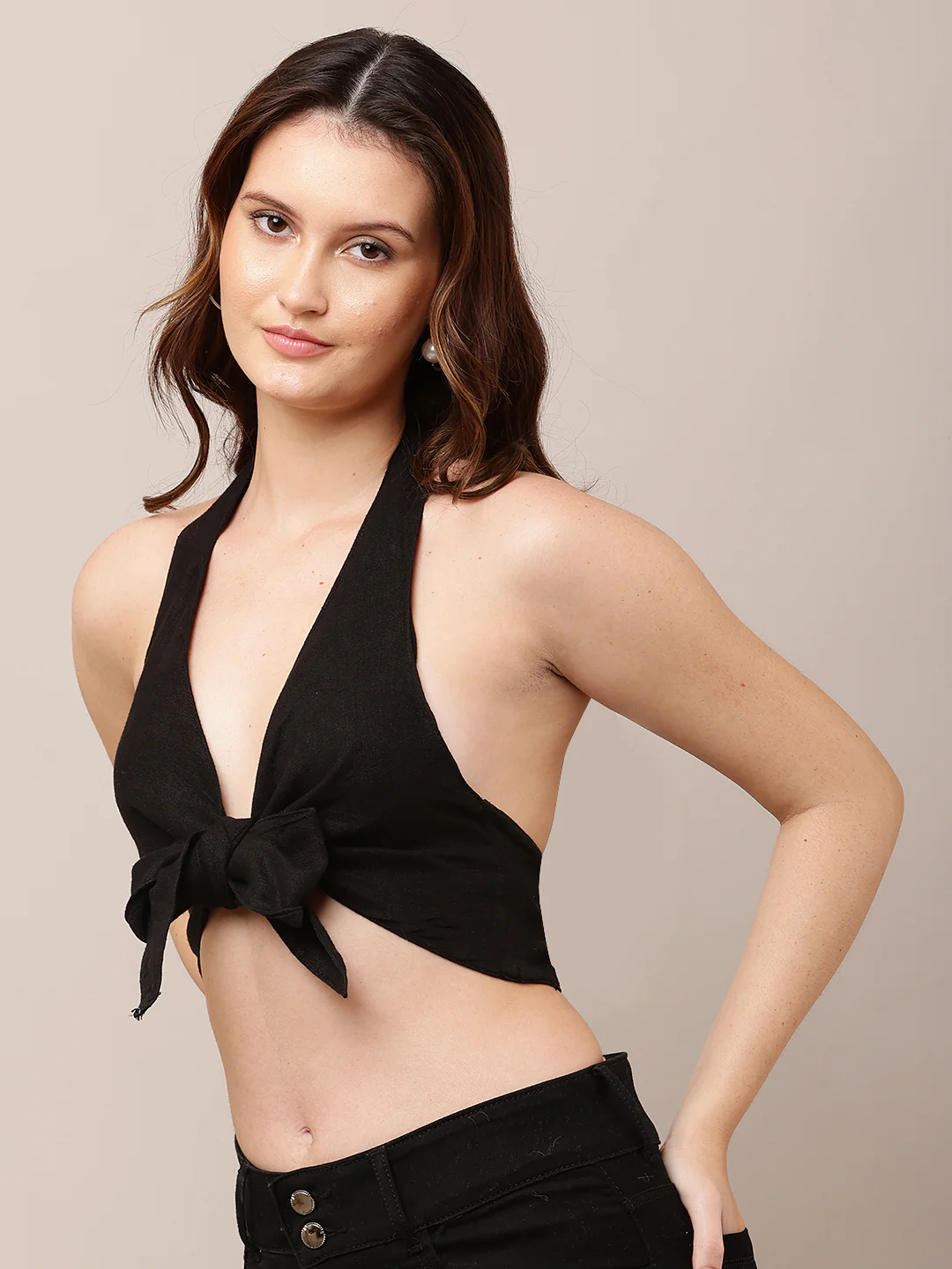 Women Black V-Neck Halter Crop Top with Knot - Image 2