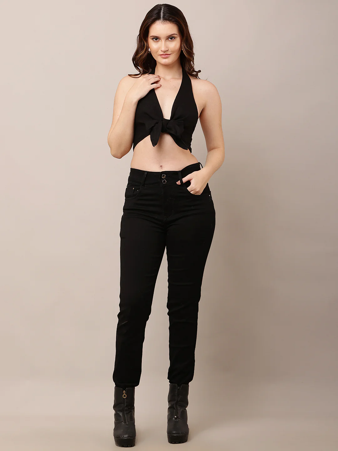 Women Black V-Neck Halter Crop Top with Knot - Image 3