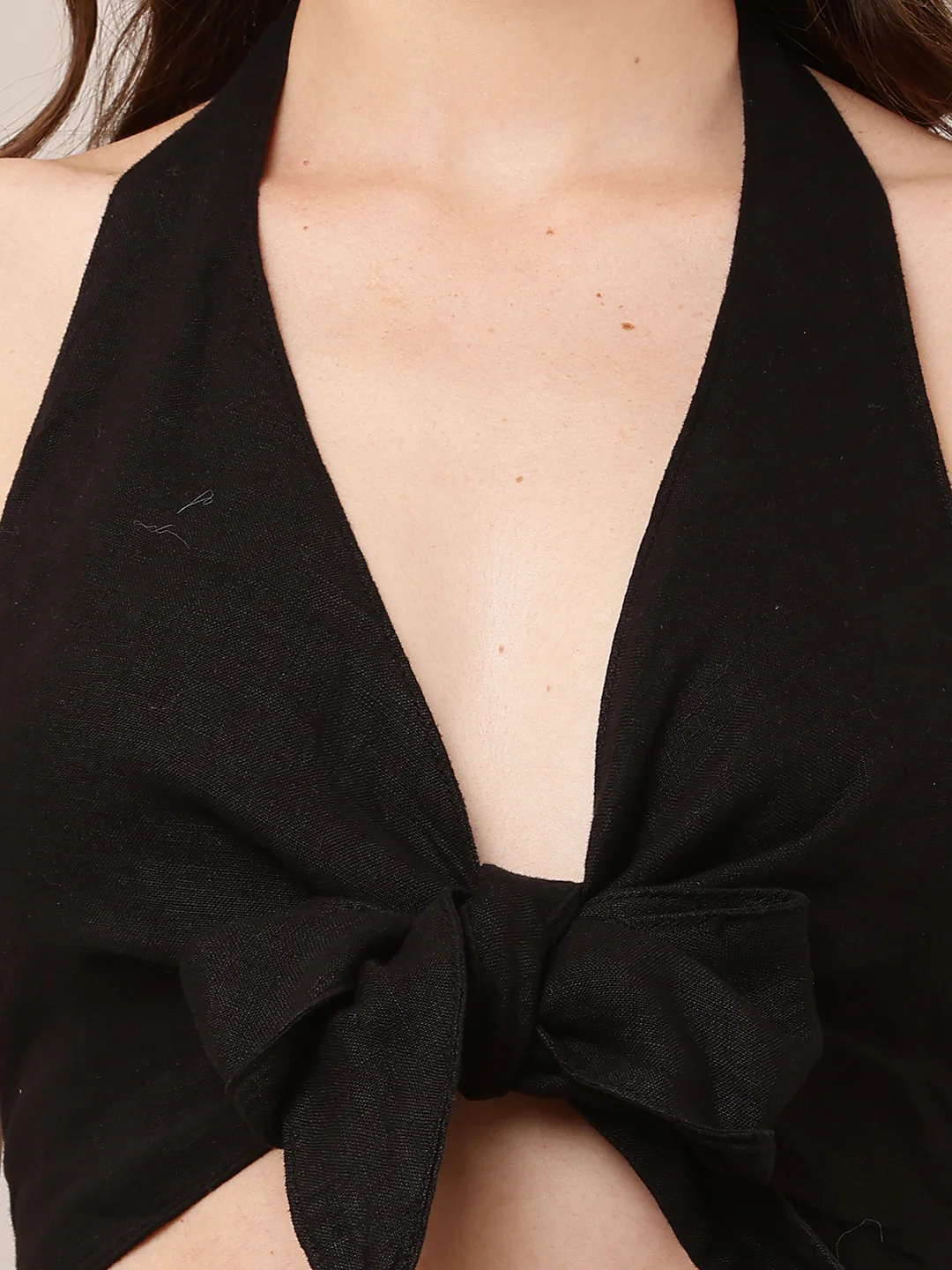 Women Black V-Neck Halter Crop Top with Knot - Image 5