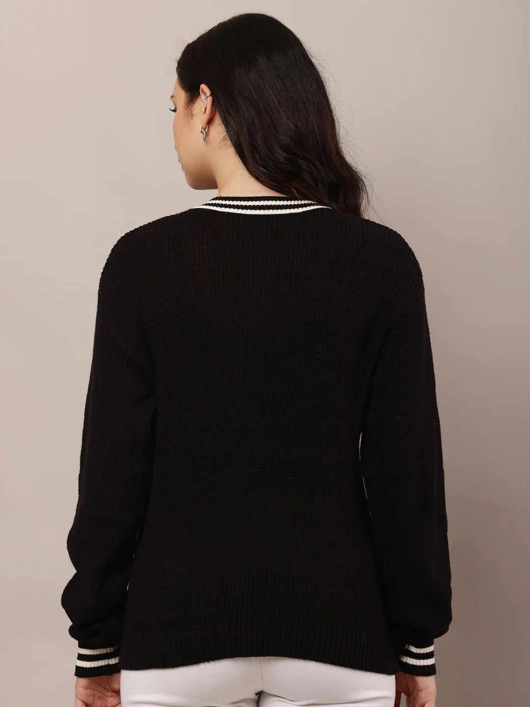 Women Black V-Neck Ribbed-Knit Sweater - Image 4