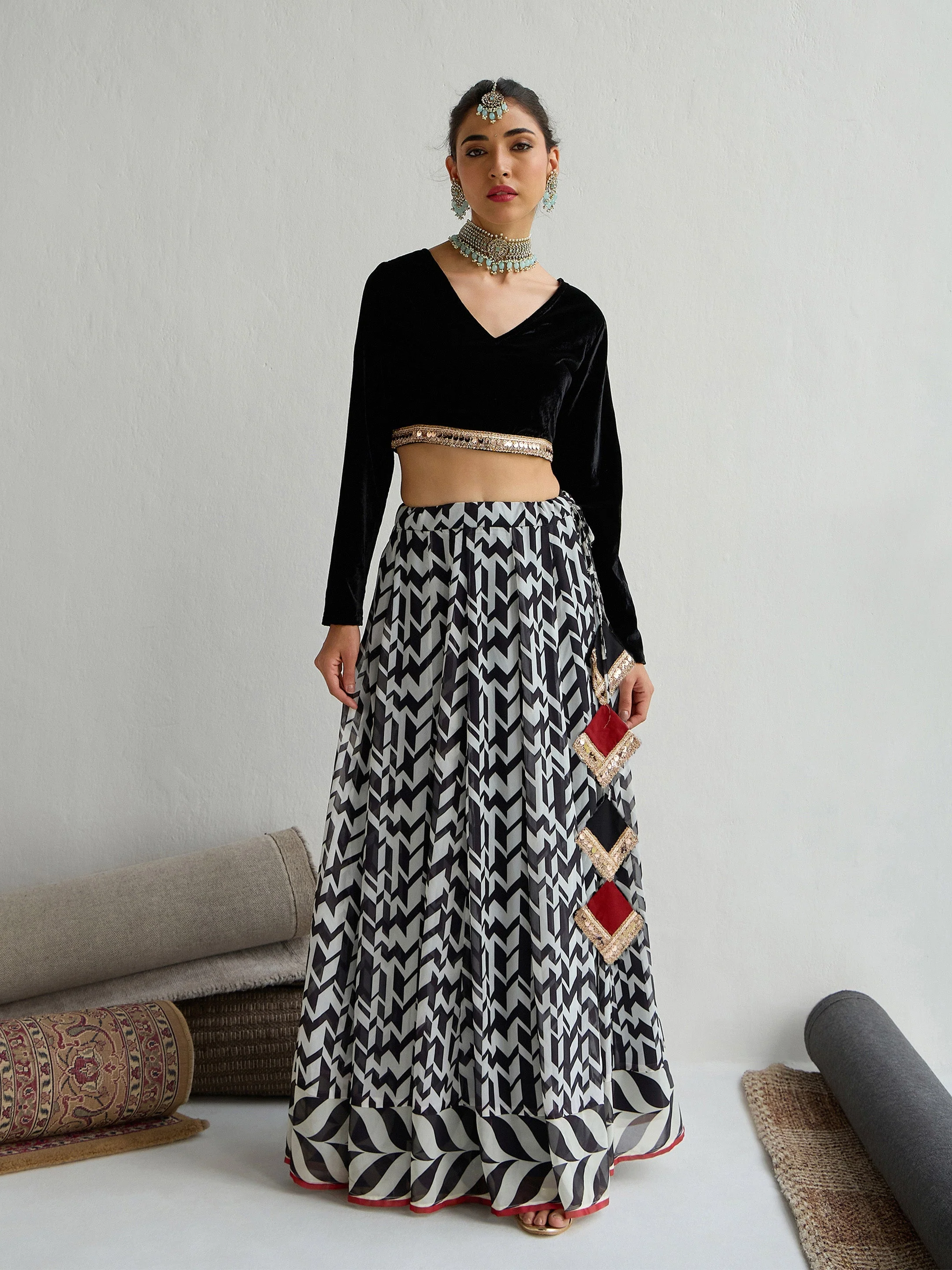 Women Black Velvet Crop Top With Anarkali Skirt - Image 2