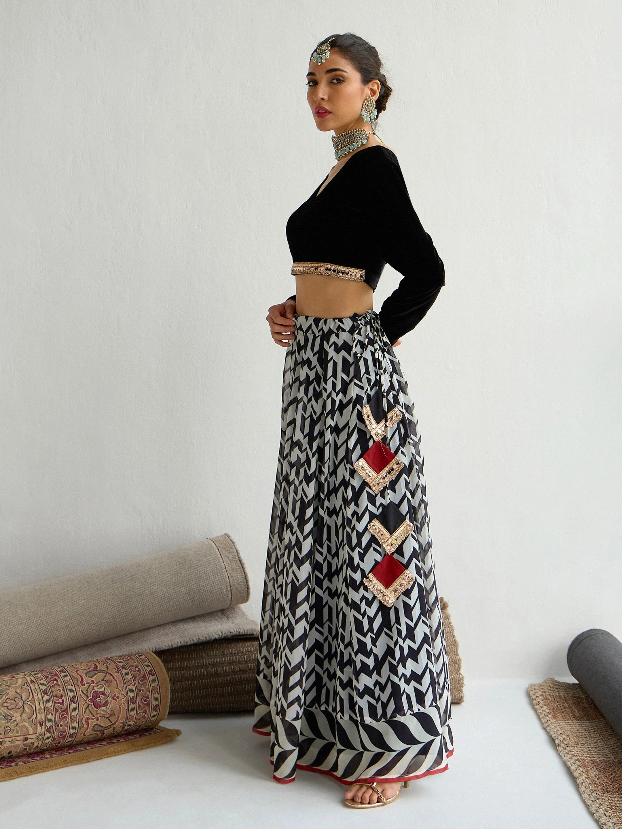Women Black Velvet Crop Top With Anarkali Skirt - Image 3