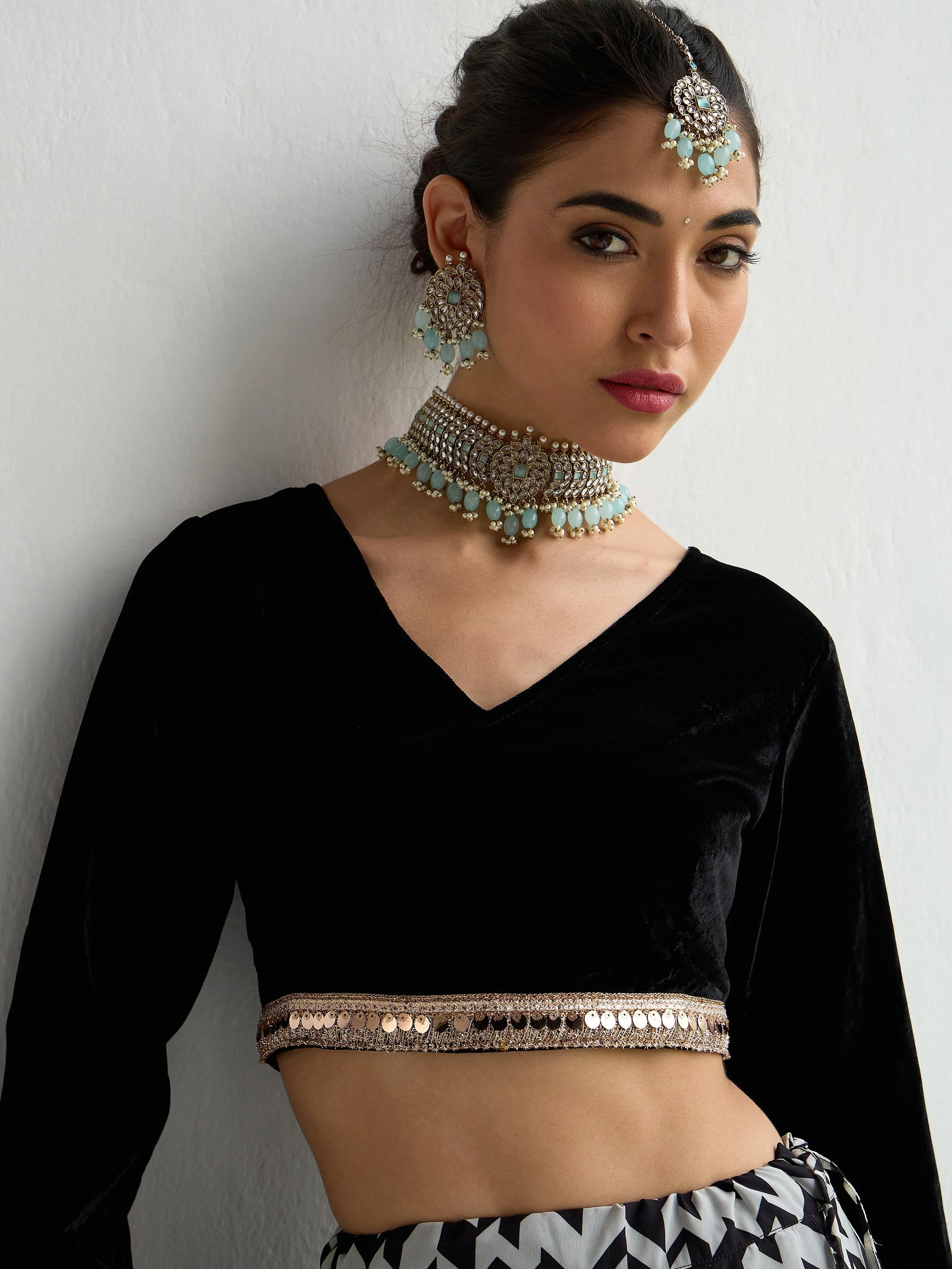 Women Black Velvet Crop Top With Anarkali Skirt - Image 4