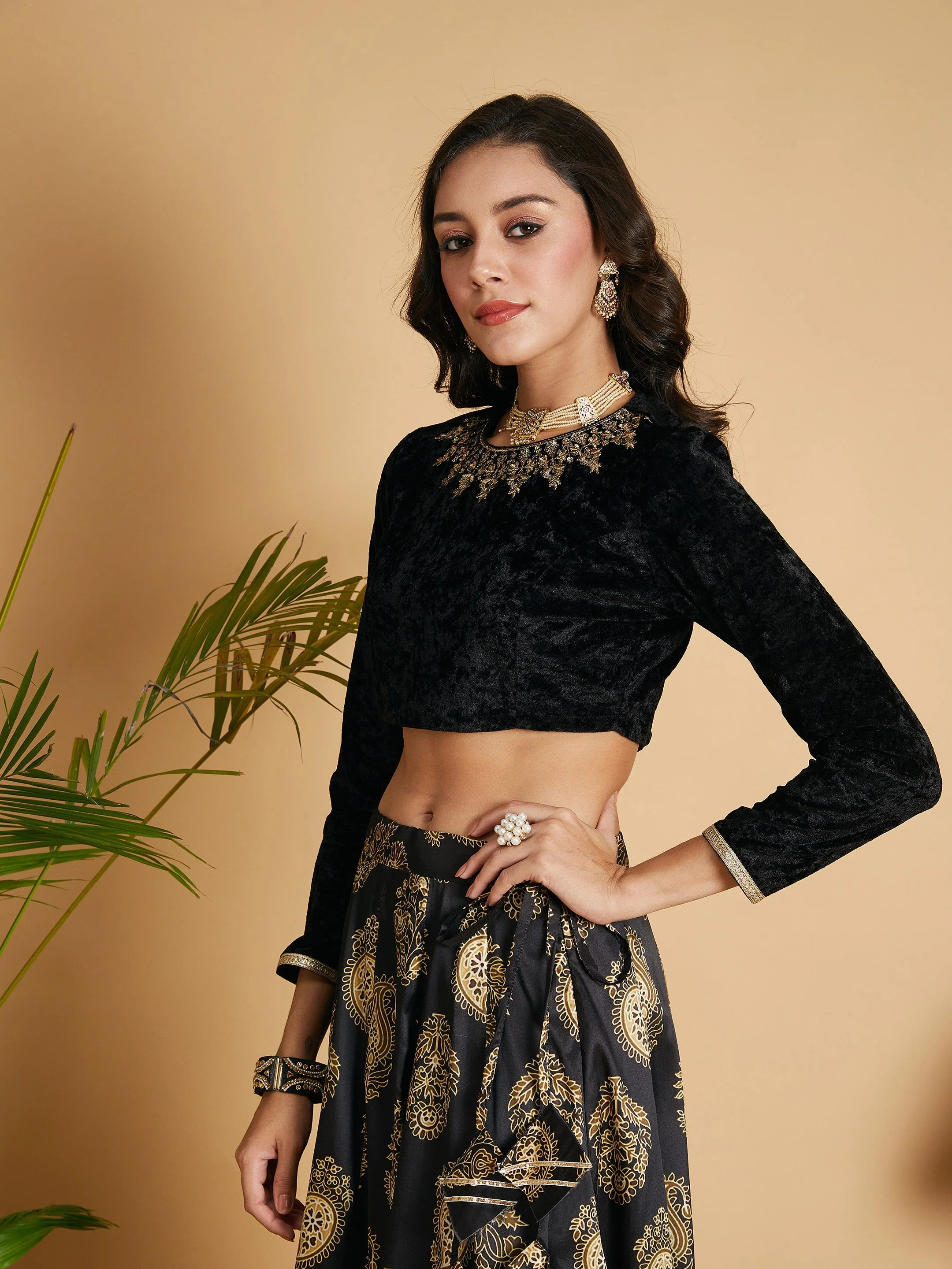 Women Black Velvet Embroidered Full Sleeves Crop Top - Image 3