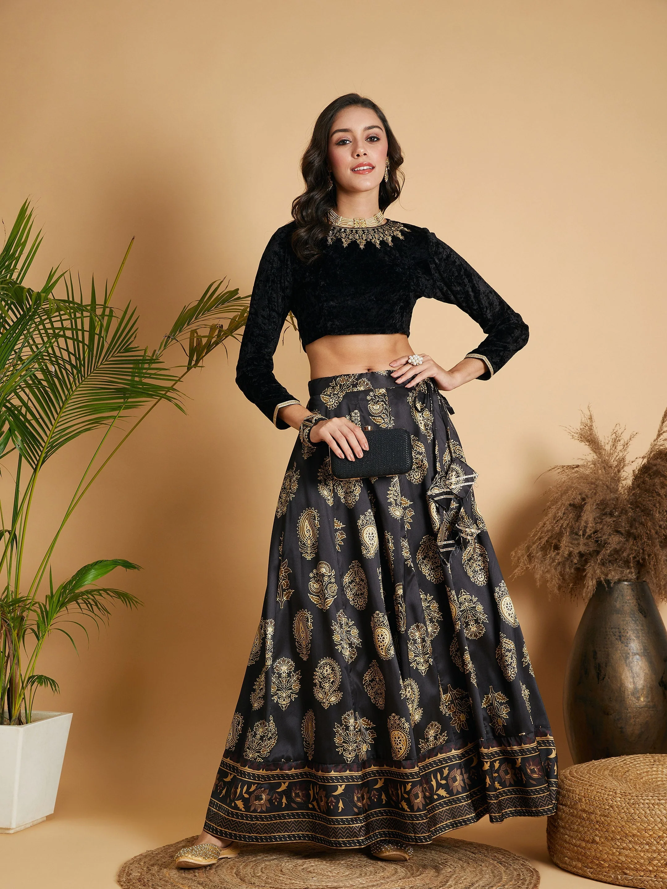 Women Black Velvet Embroidered Full Sleeves Crop Top - Image 6