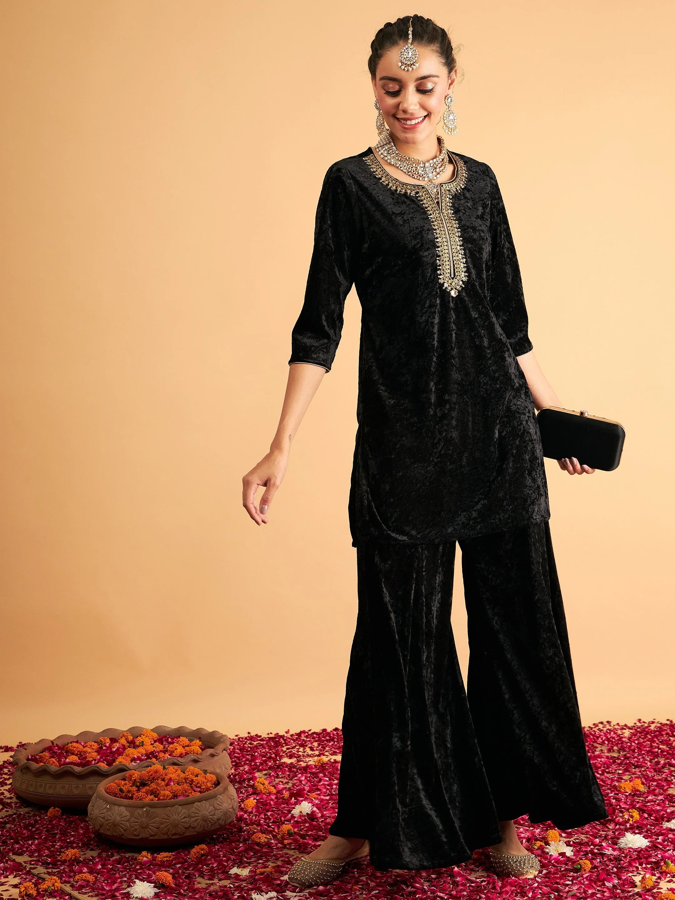 Women Black Velvet Embroidered Short Kurta With Palazzos - Image 2