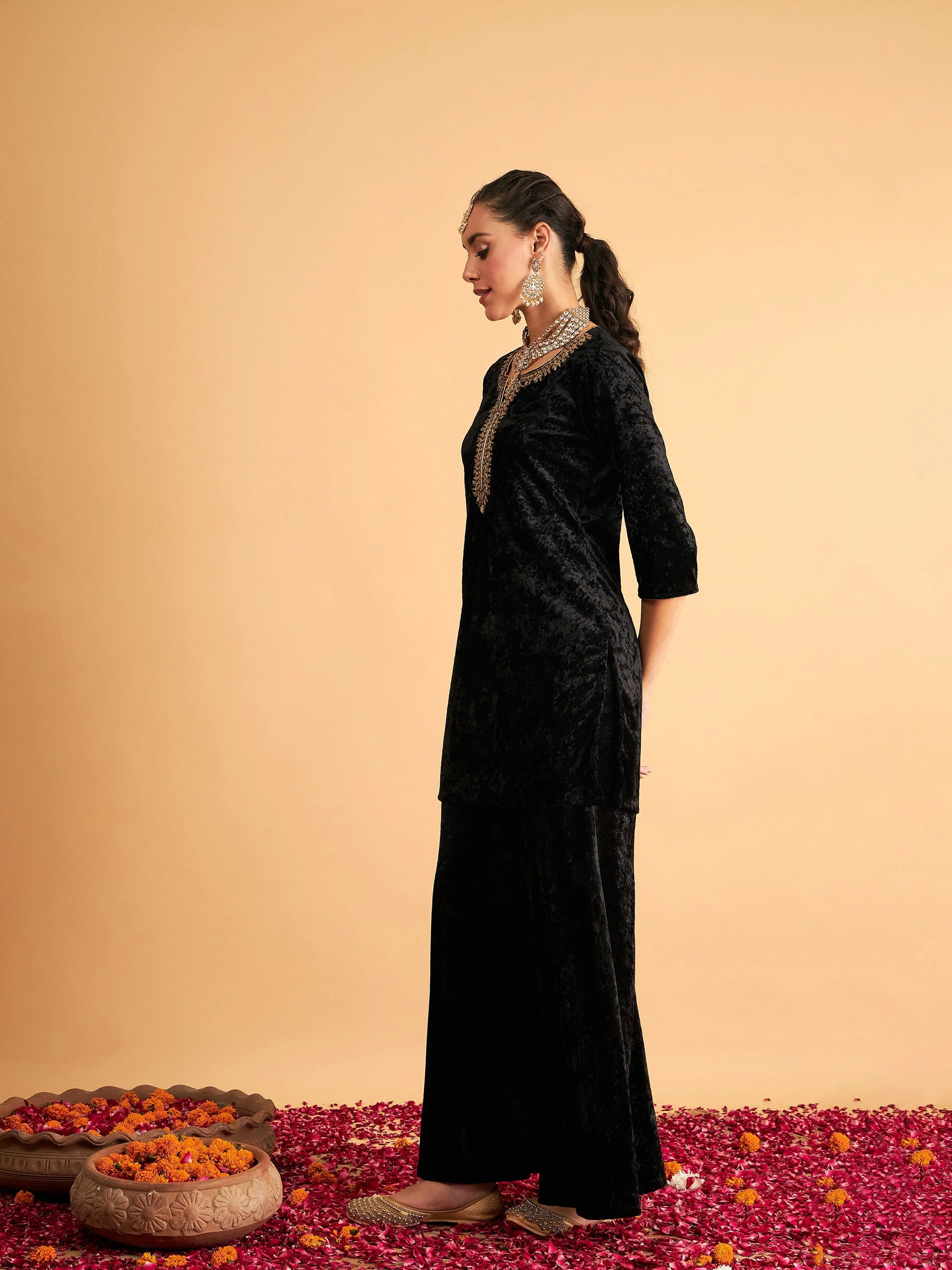 Women Black Velvet Embroidered Short Kurta With Palazzos - Image 3