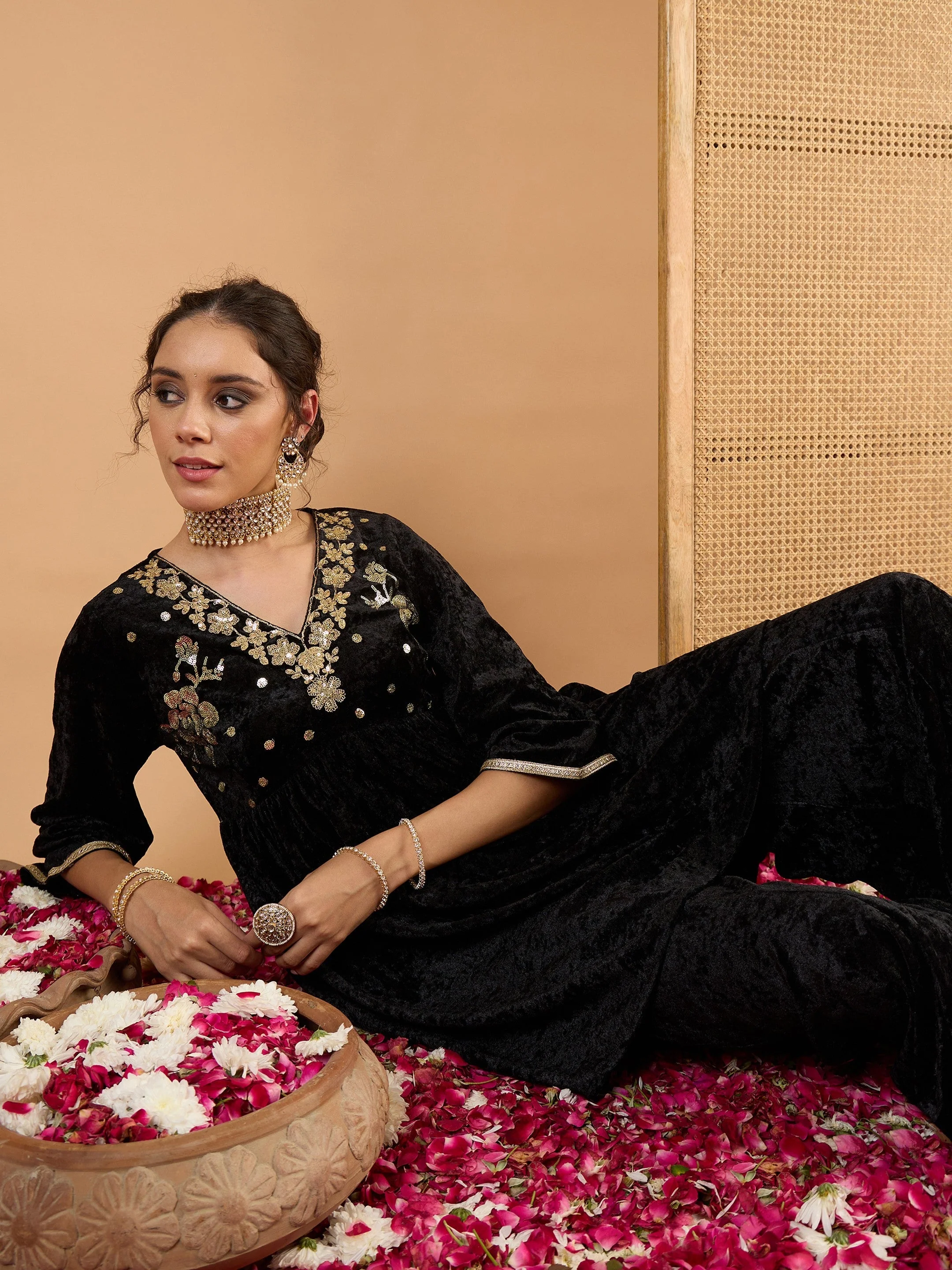 Women Black Velvet Embroidered V Neck Peplum Top With Palazzos - Image 2