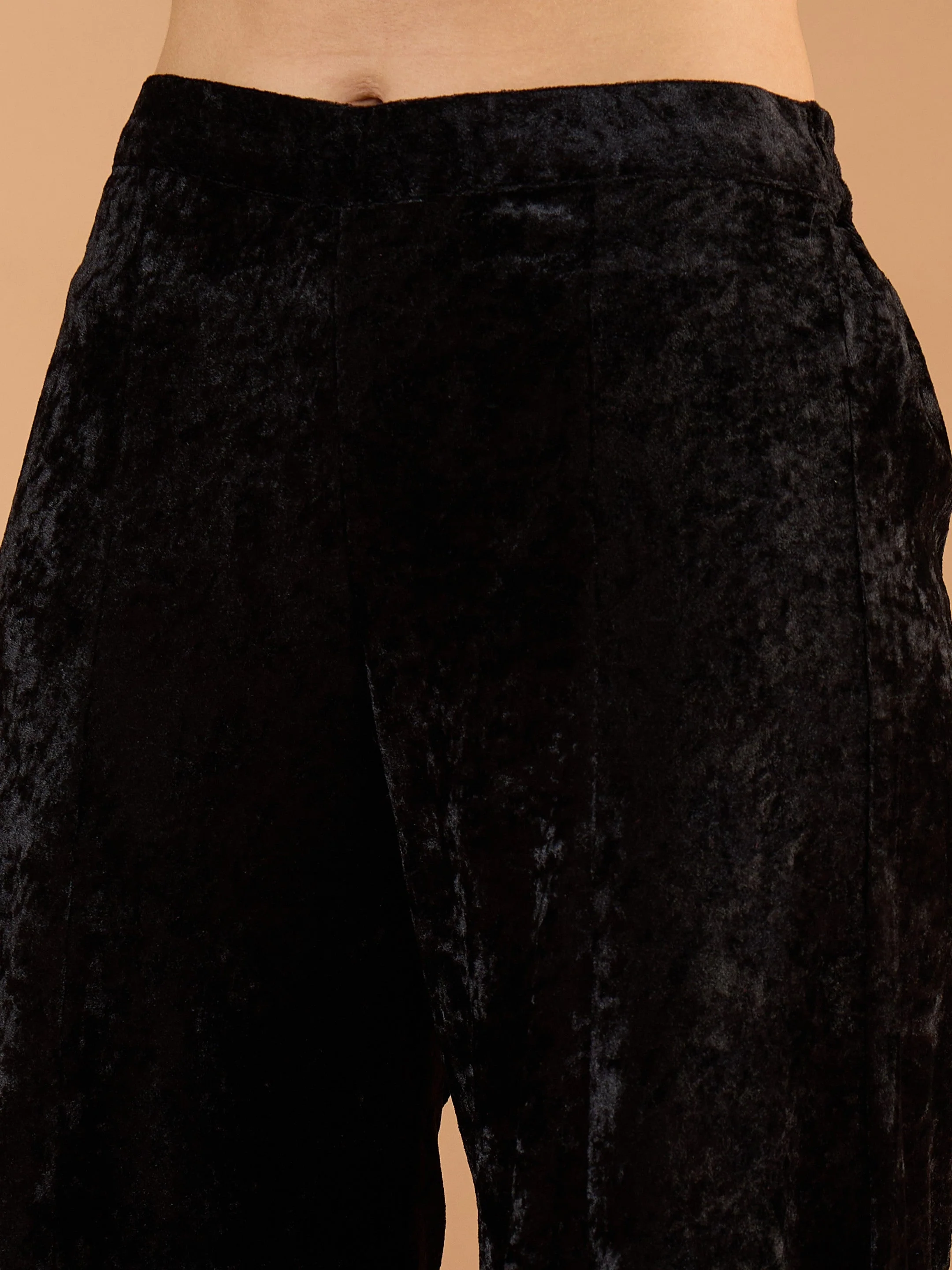 Women Black Velvet Embroidered V Neck Peplum Top With Palazzos - Image 5