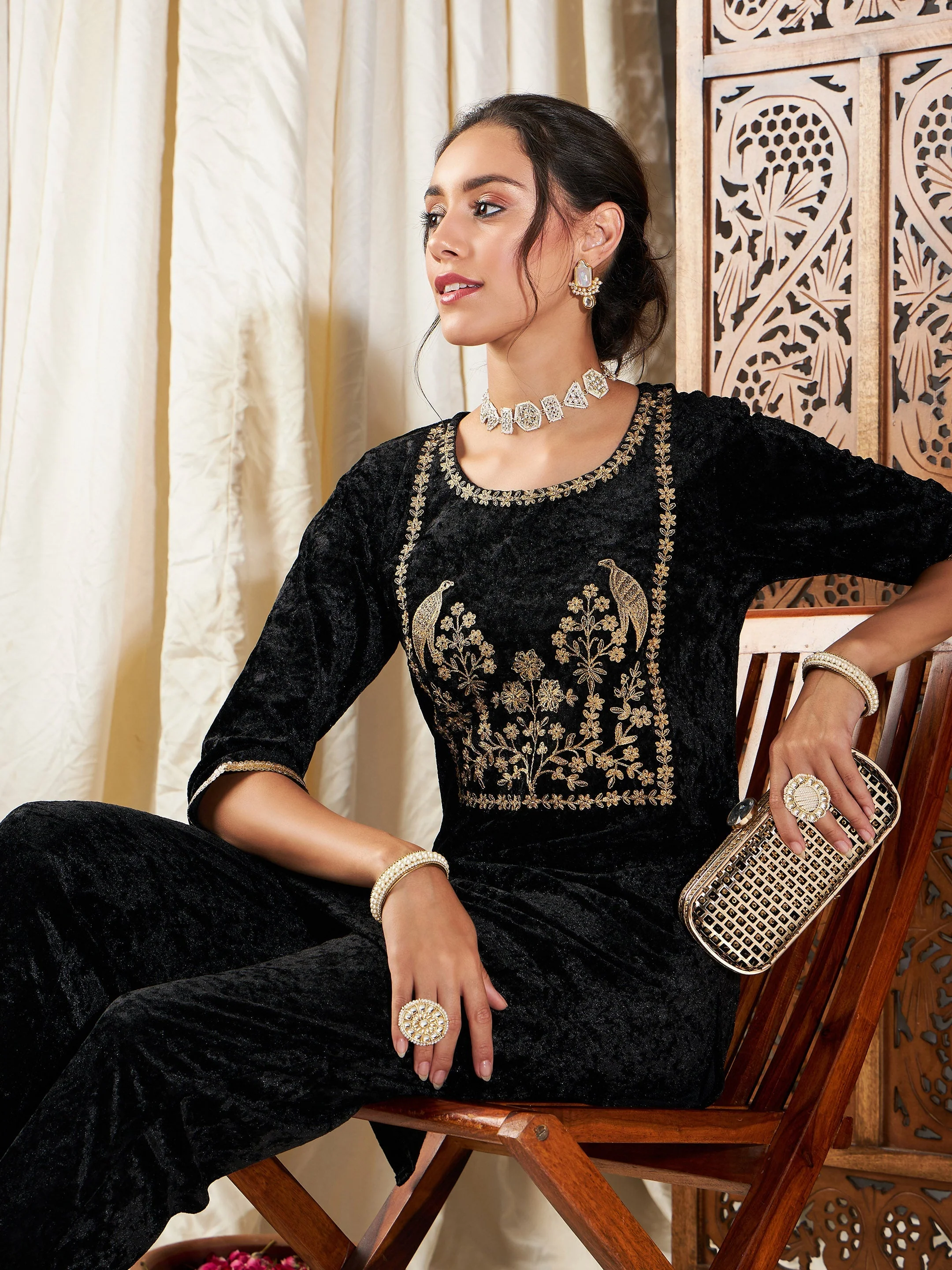 Women Black Velvet Embroidered Yoke Short Kurta - Image 2