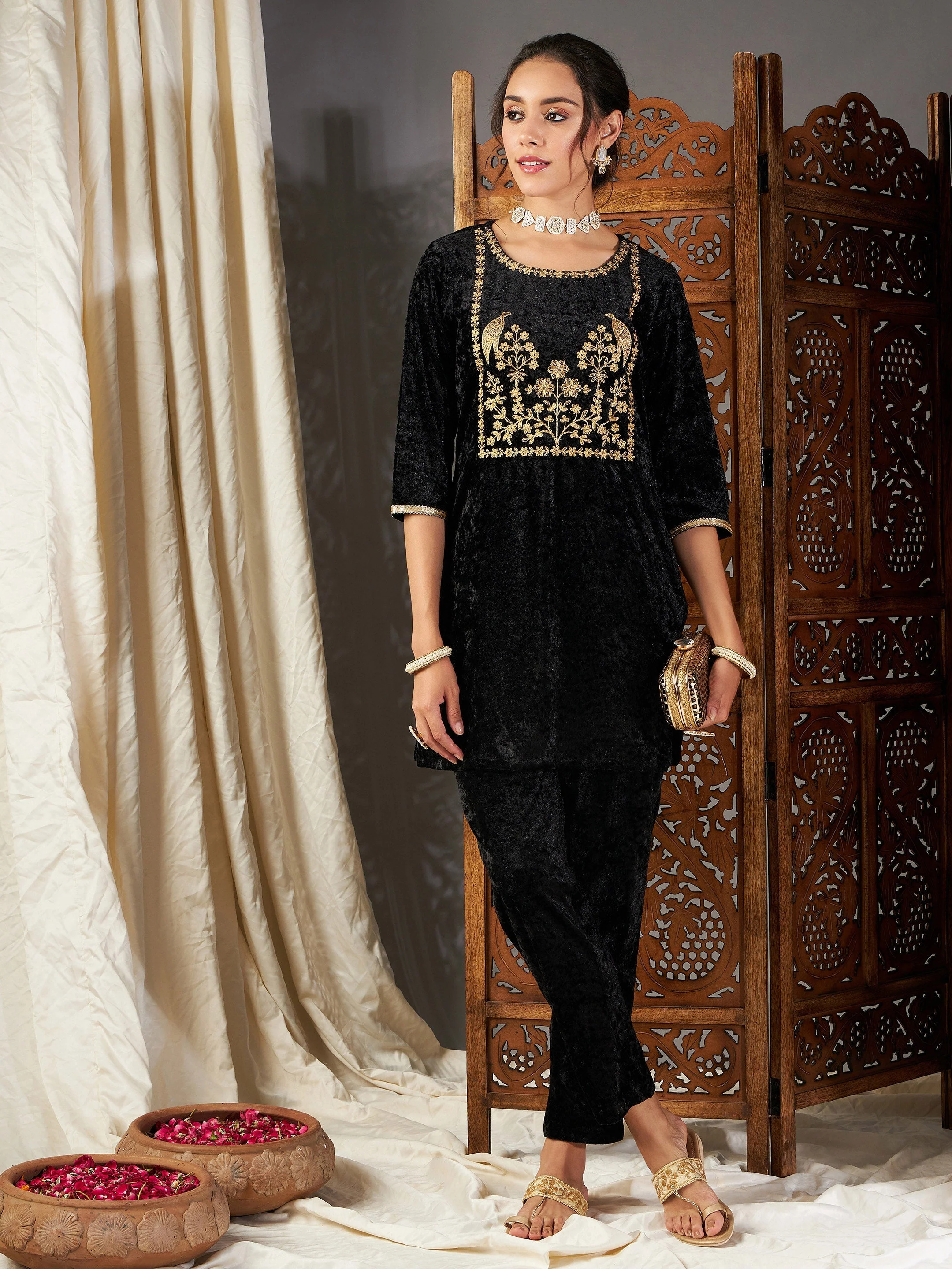 Women Black Velvet Embroidered Yoke Short Kurta - Image 3