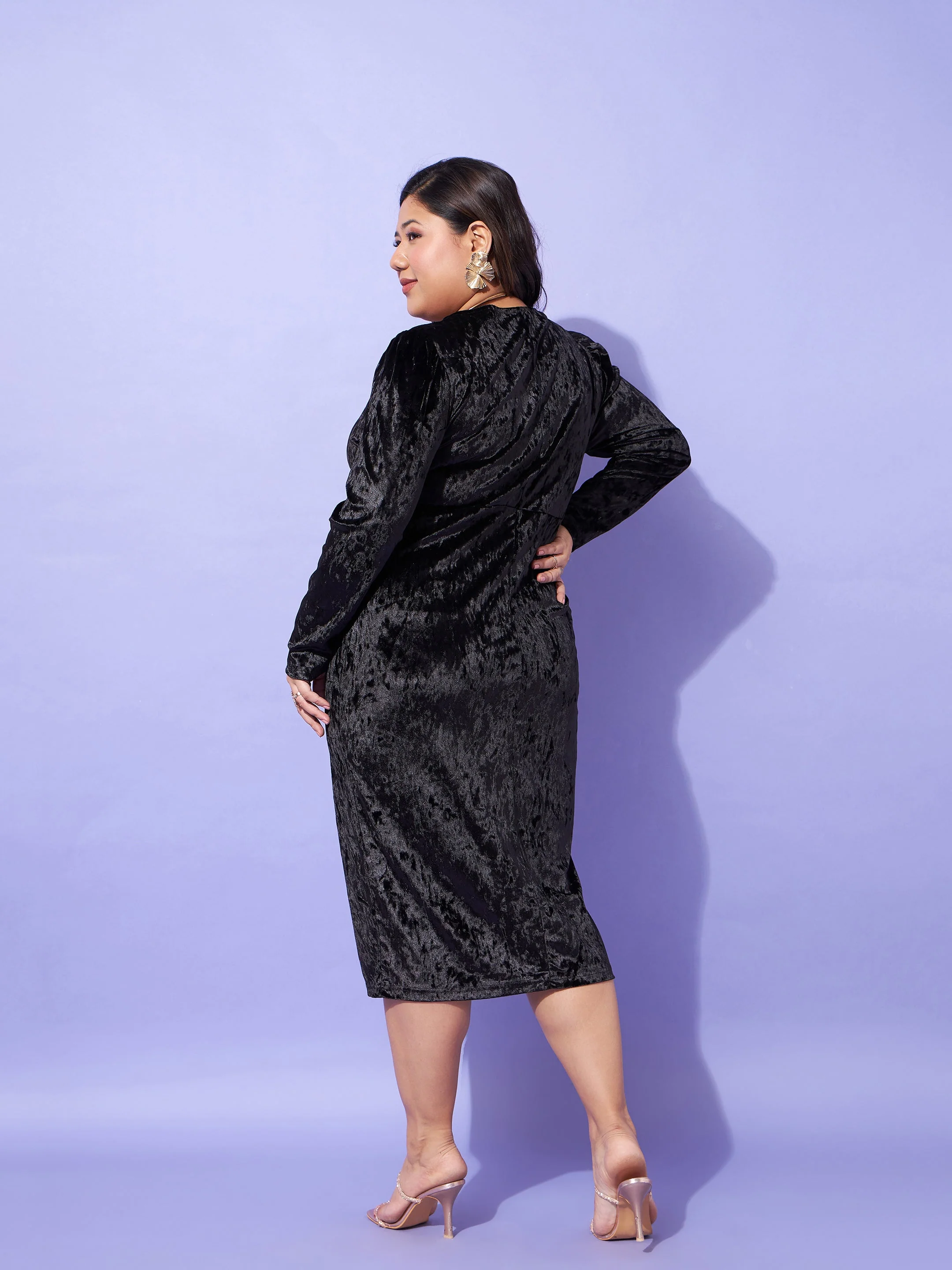 Women Black Velvet Front Button Bodycon Dress - Image 5