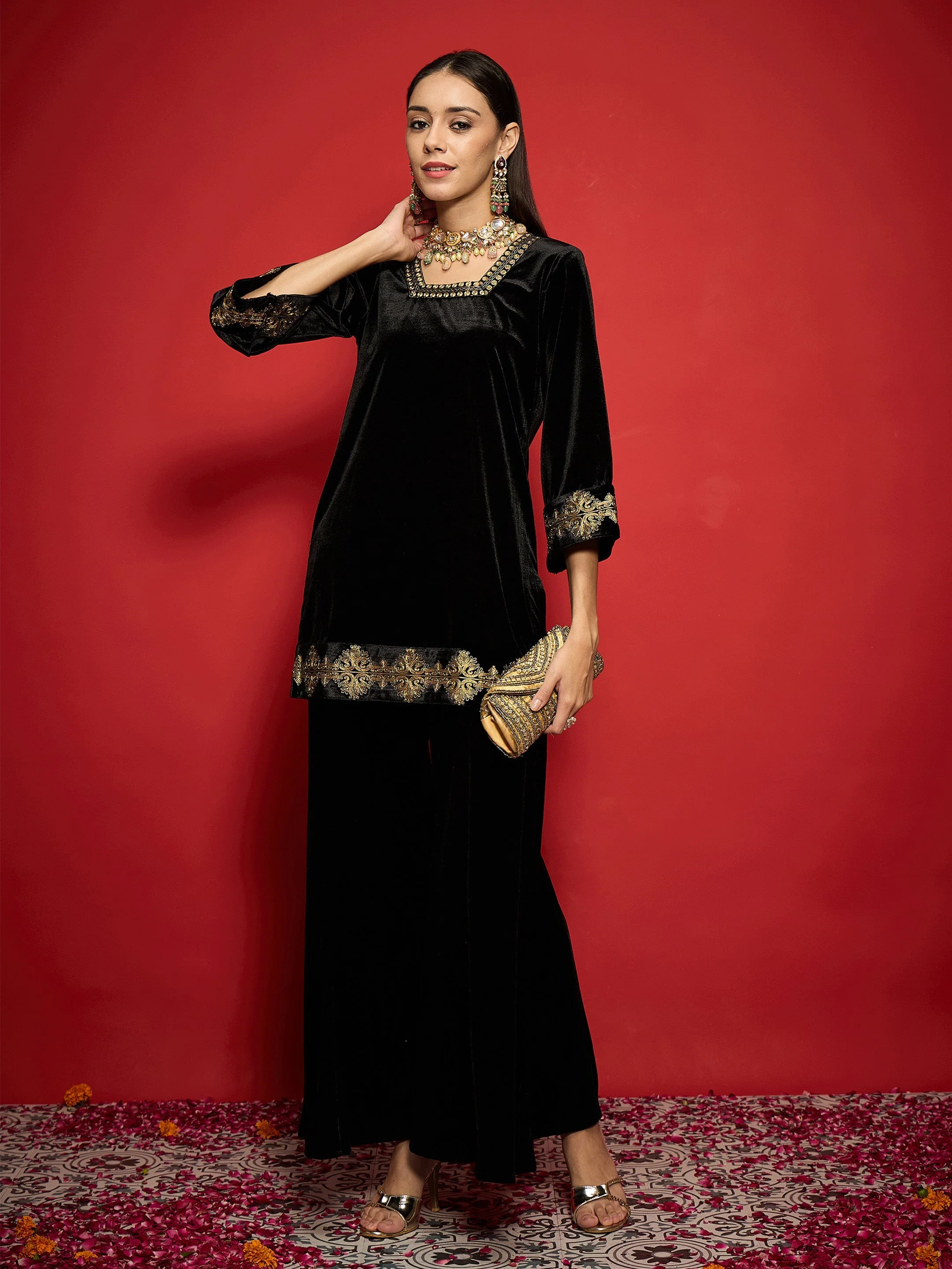 Women Black Velvet Front Embroidered Glass Neck Short Kurta - Image 2