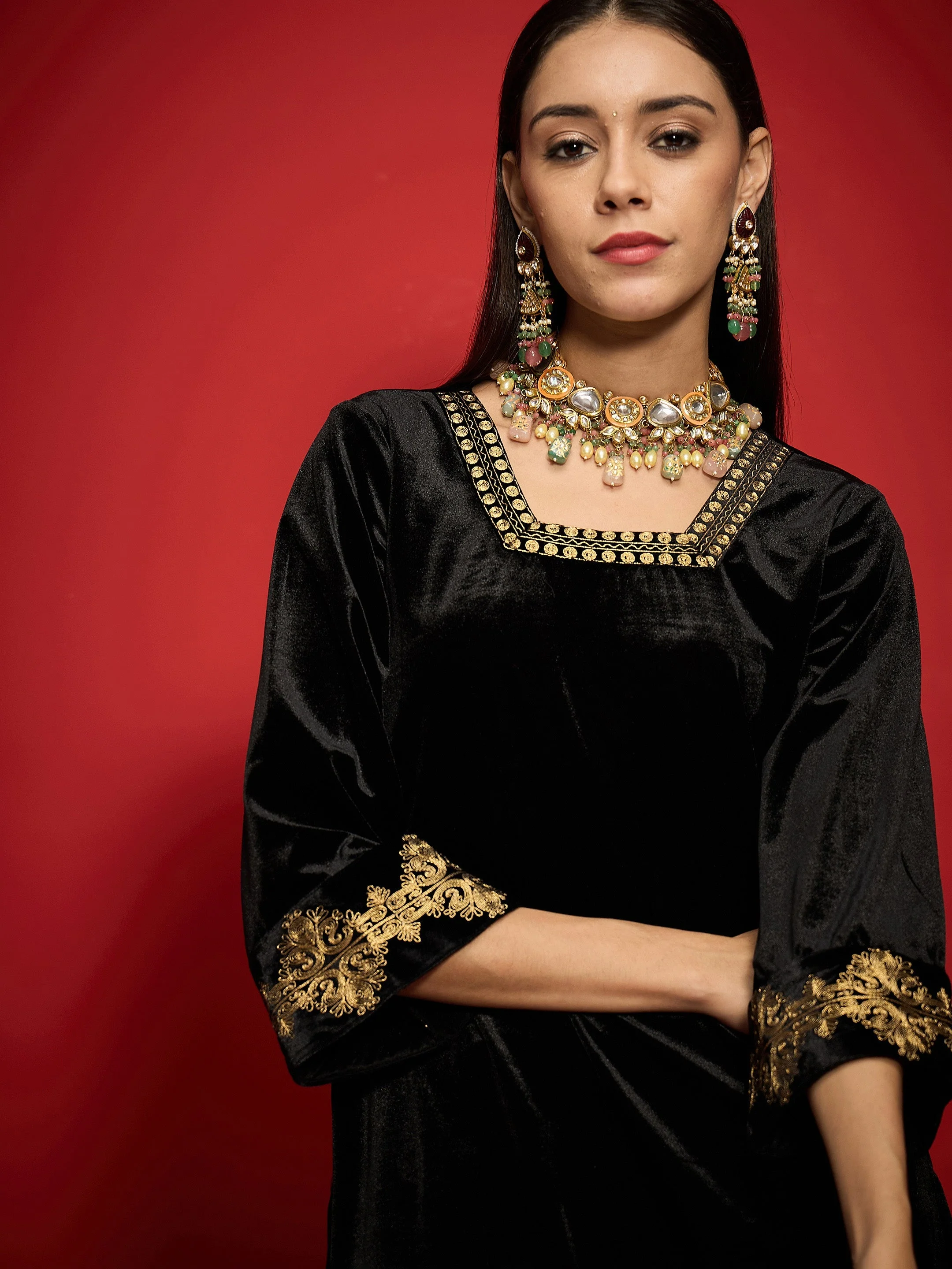 Women Black Velvet Front Embroidered Glass Neck Short Kurta - Image 4