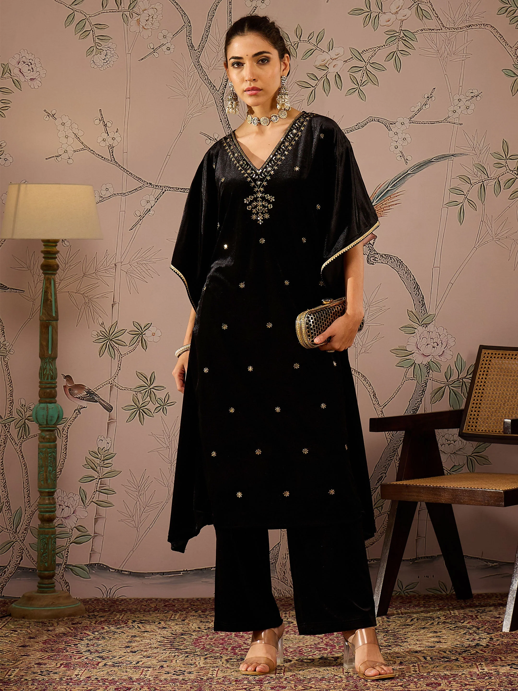 Women Black Velvet Front Embroidered Kaftan Kurta - Image 2