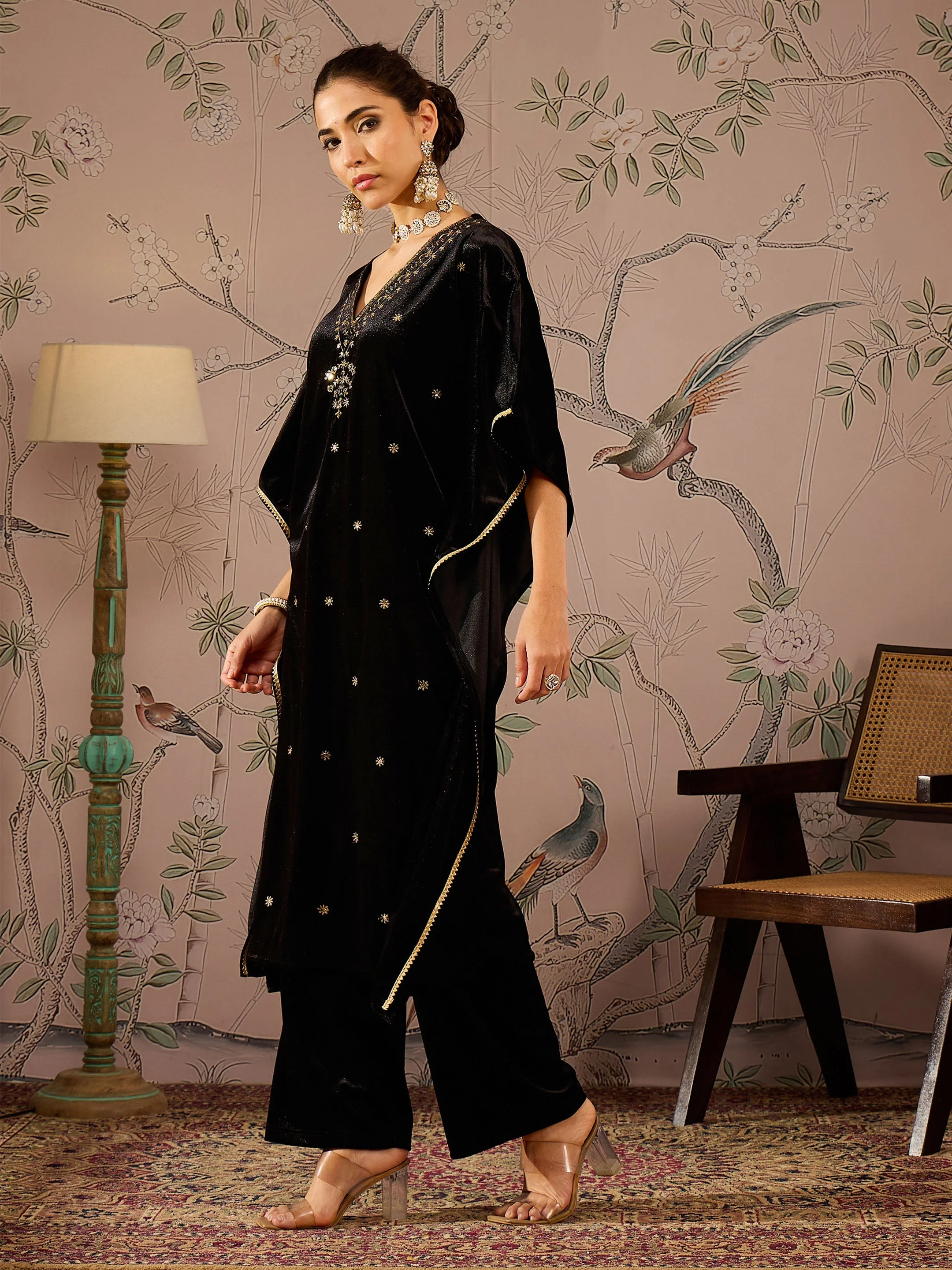 Women Black Velvet Front Embroidered Kaftan Kurta - Image 3