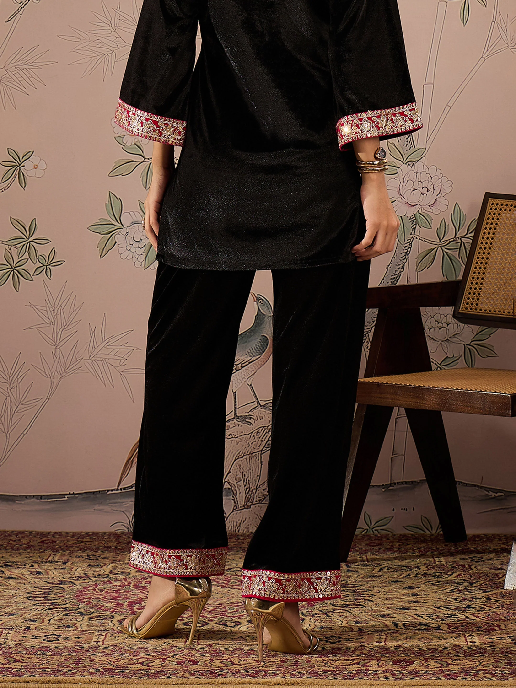 Women Black Velvet Hem Embroidered Elasticated Straight Pants - Image 5