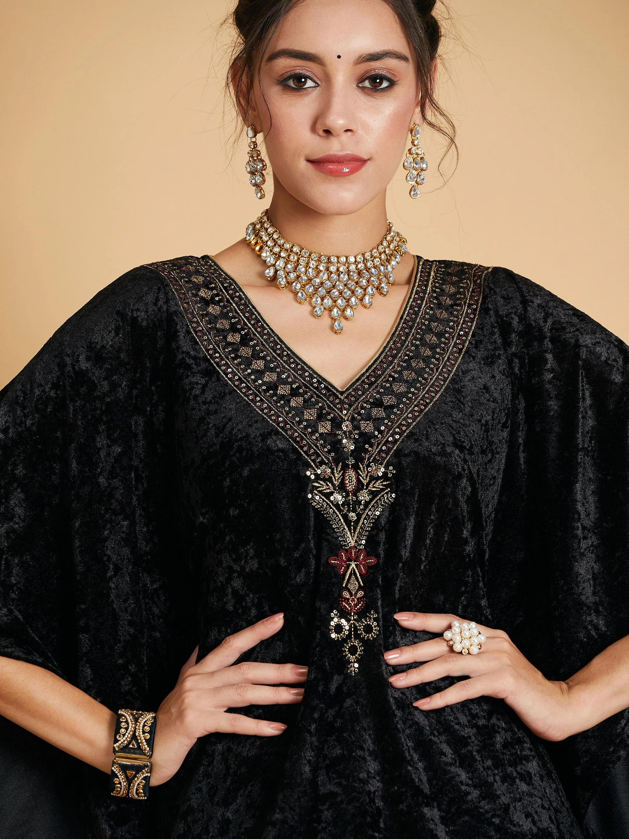 Women Black Velvet Kaftan Kurta - Image 4