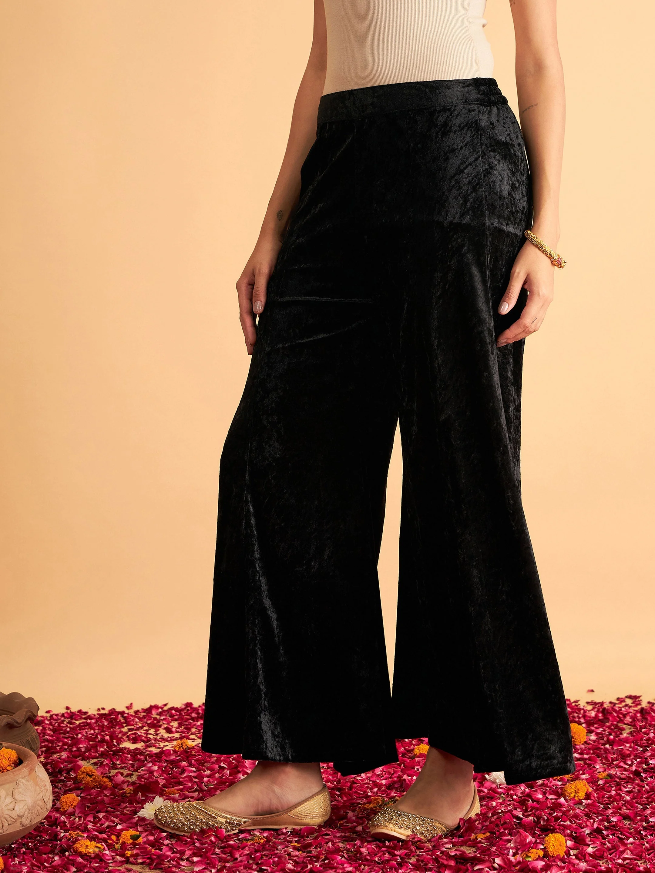 Women Black Velvet Palazzo Pants - Image 3