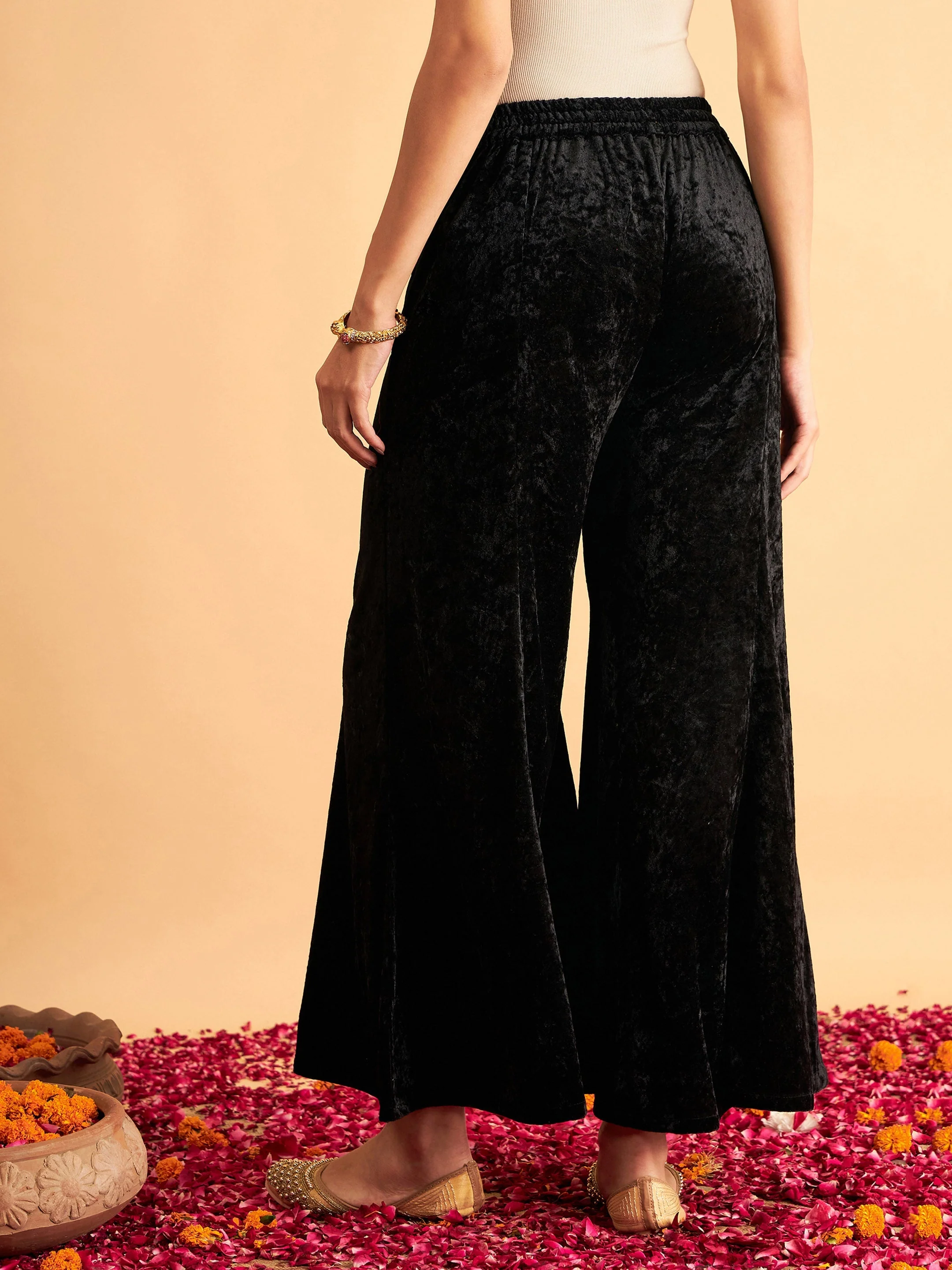 Women Black Velvet Palazzo Pants - Image 5