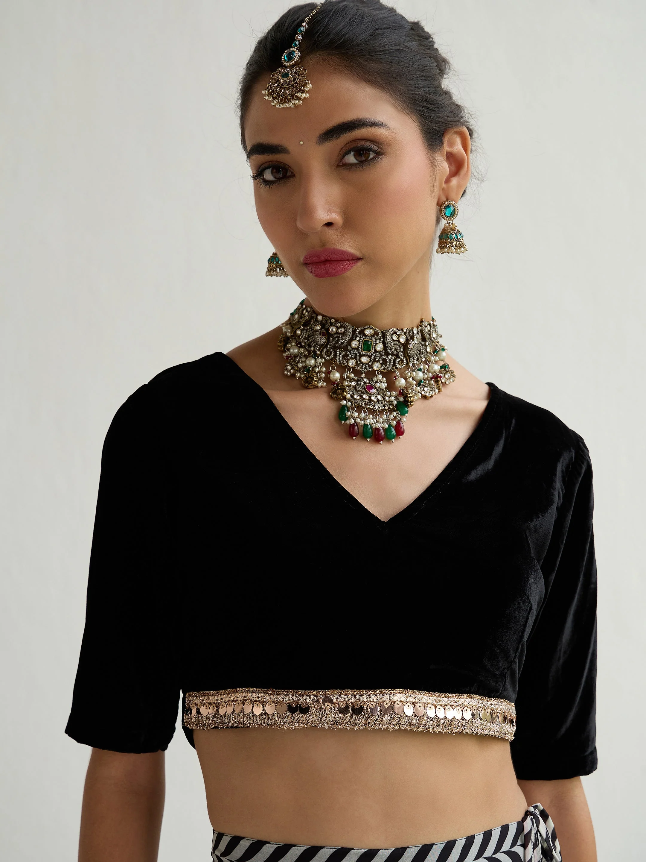 Women Black Velvet Short Sleeves Crop Top With Anarkali Skirt - Image 4