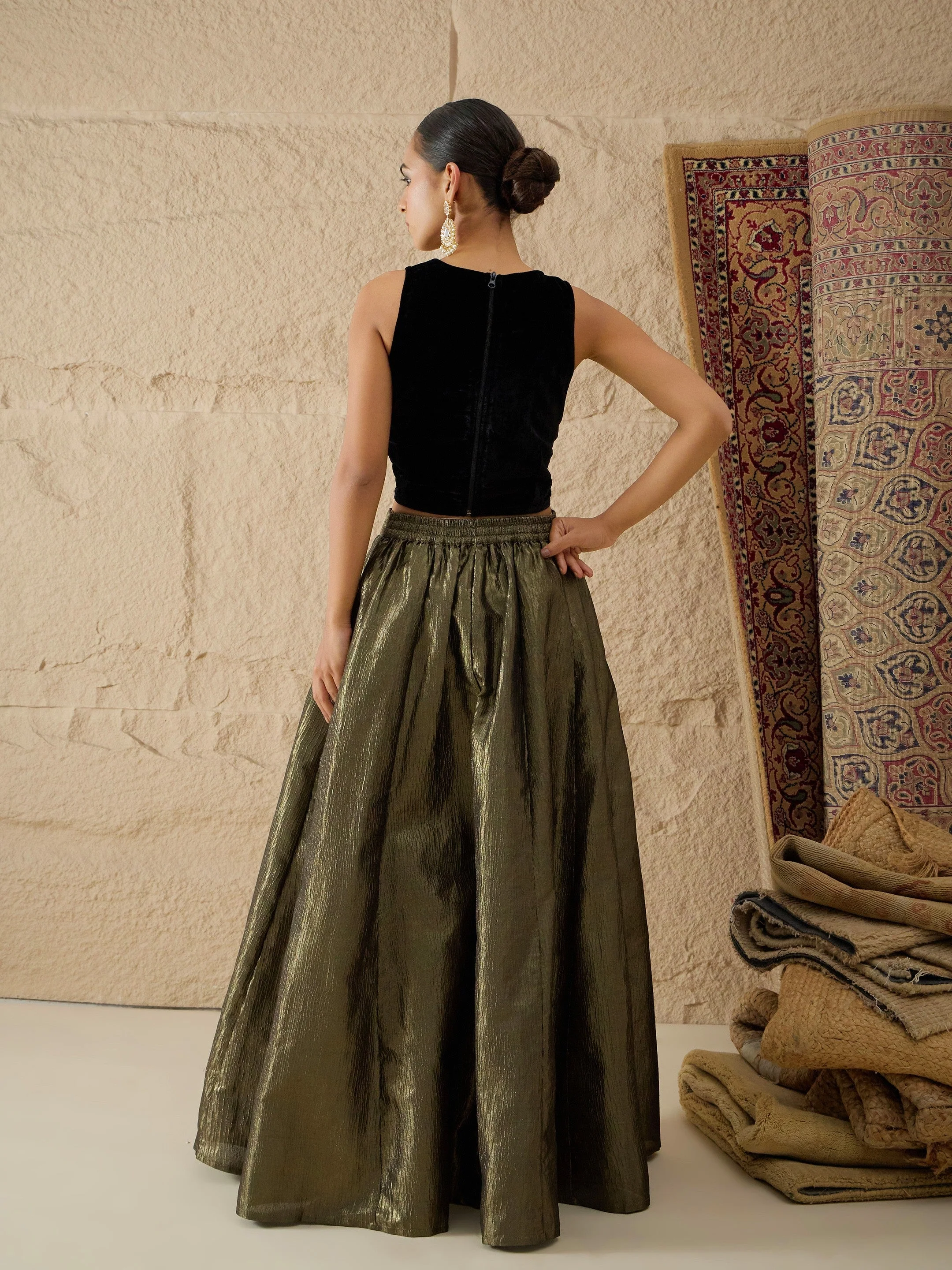 Women Black Velvet Top With Crinkled Anarkali Skirt - Image 2