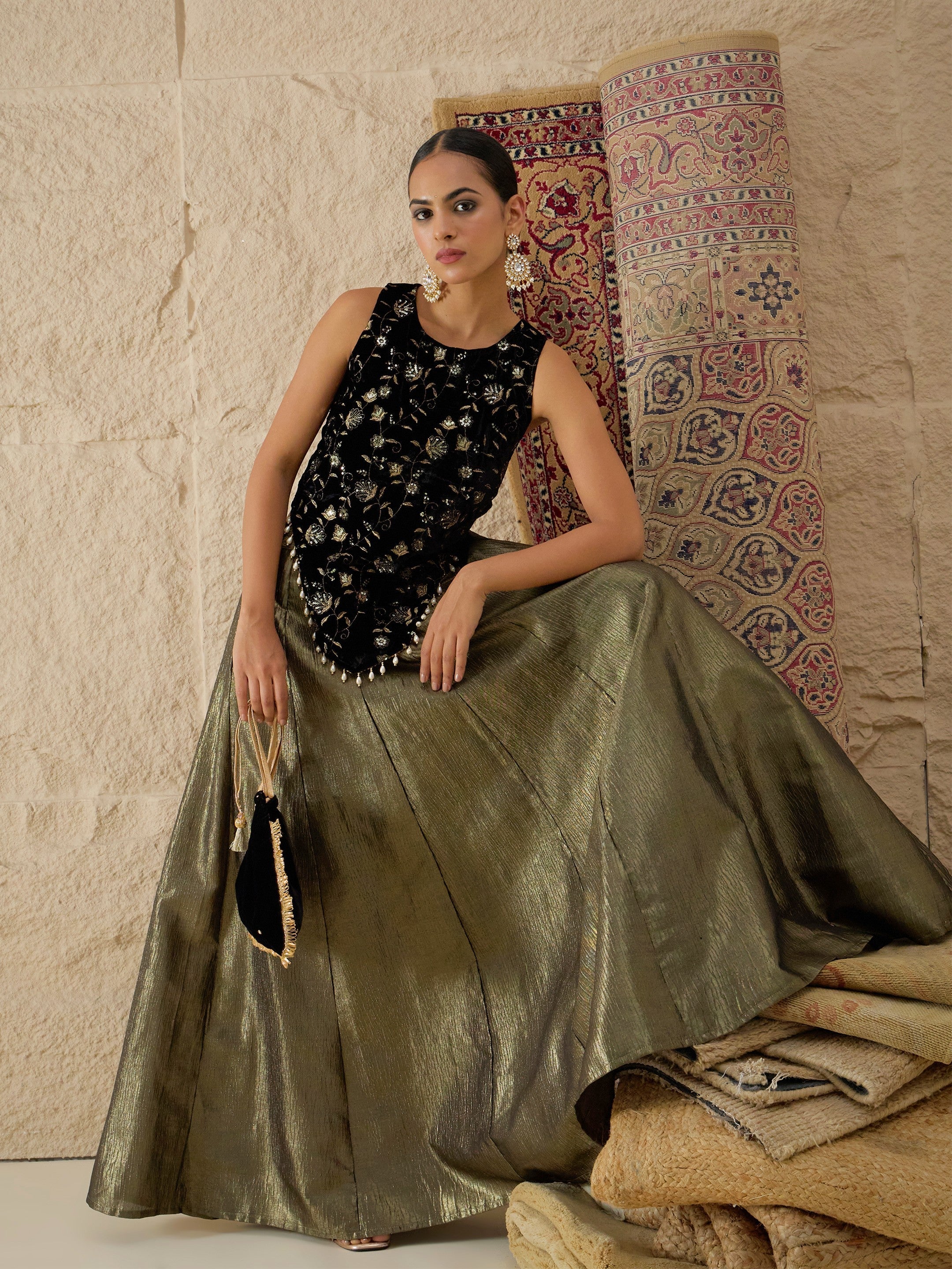 Women Black Velvet Top With Crinkled Anarkali Skirt - Image 5