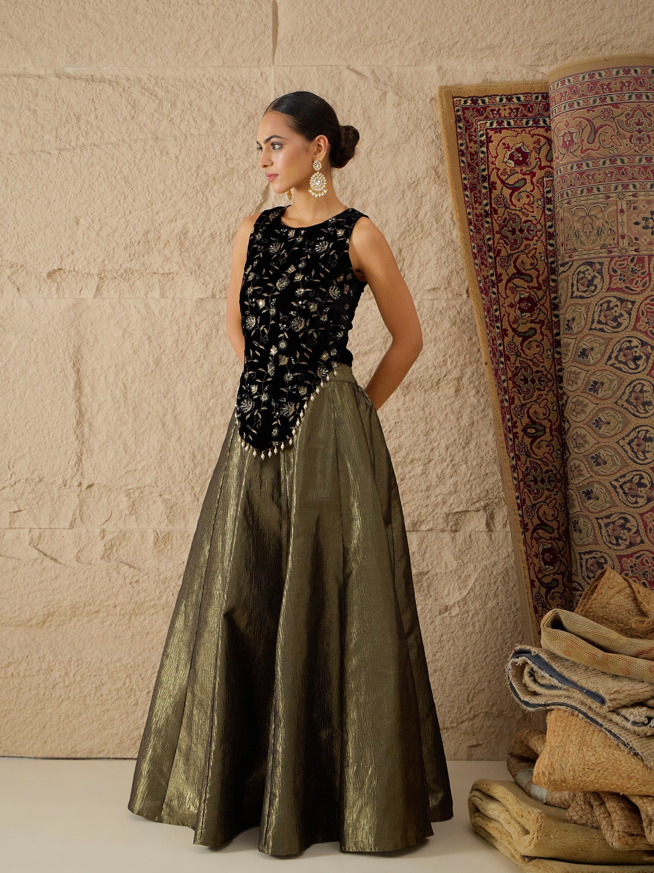 Women Black Velvet Top With Crinkled Anarkali Skirt - Image 6