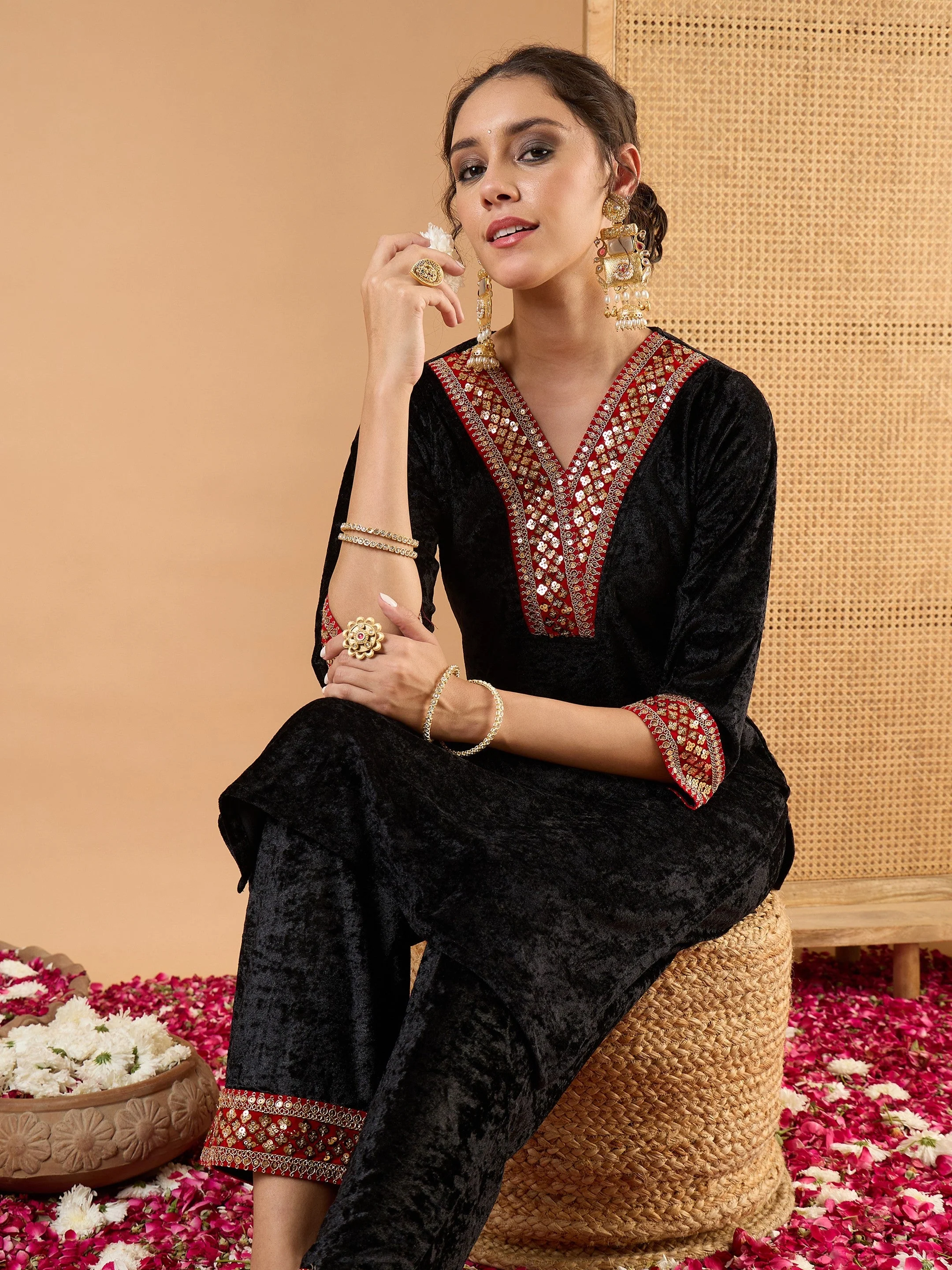 Women Black Velvet V Neck Embroidered Kurta With Straight Pants - Image 2