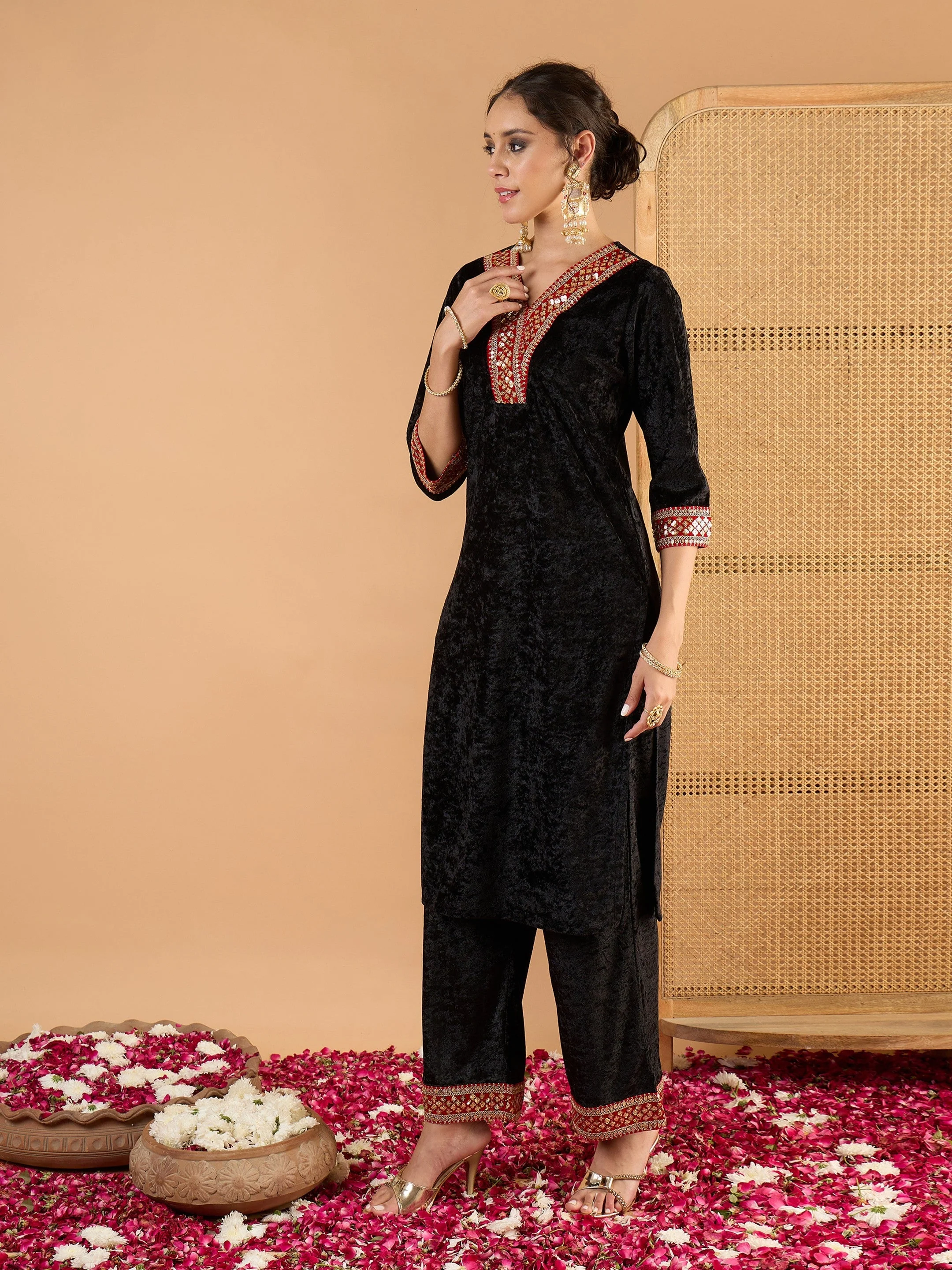Women Black Velvet V Neck Embroidered Kurta With Straight Pants - Image 3