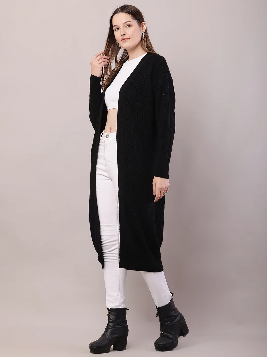 Women Black Viscose Front Open Long-Line Shrug - Image 2