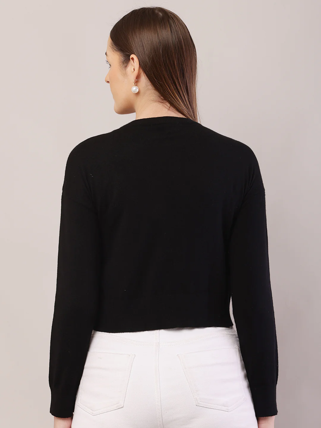 Women black viscose full sleeve round neck crop sweater - Image 4