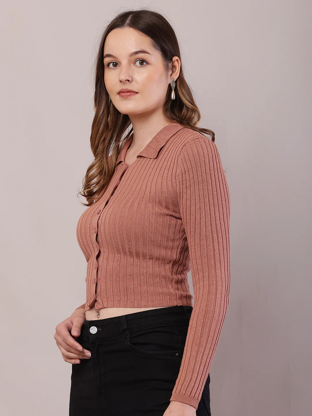 Women Black Viscose Ribbed Shirt Collar Cardigan - Image 2