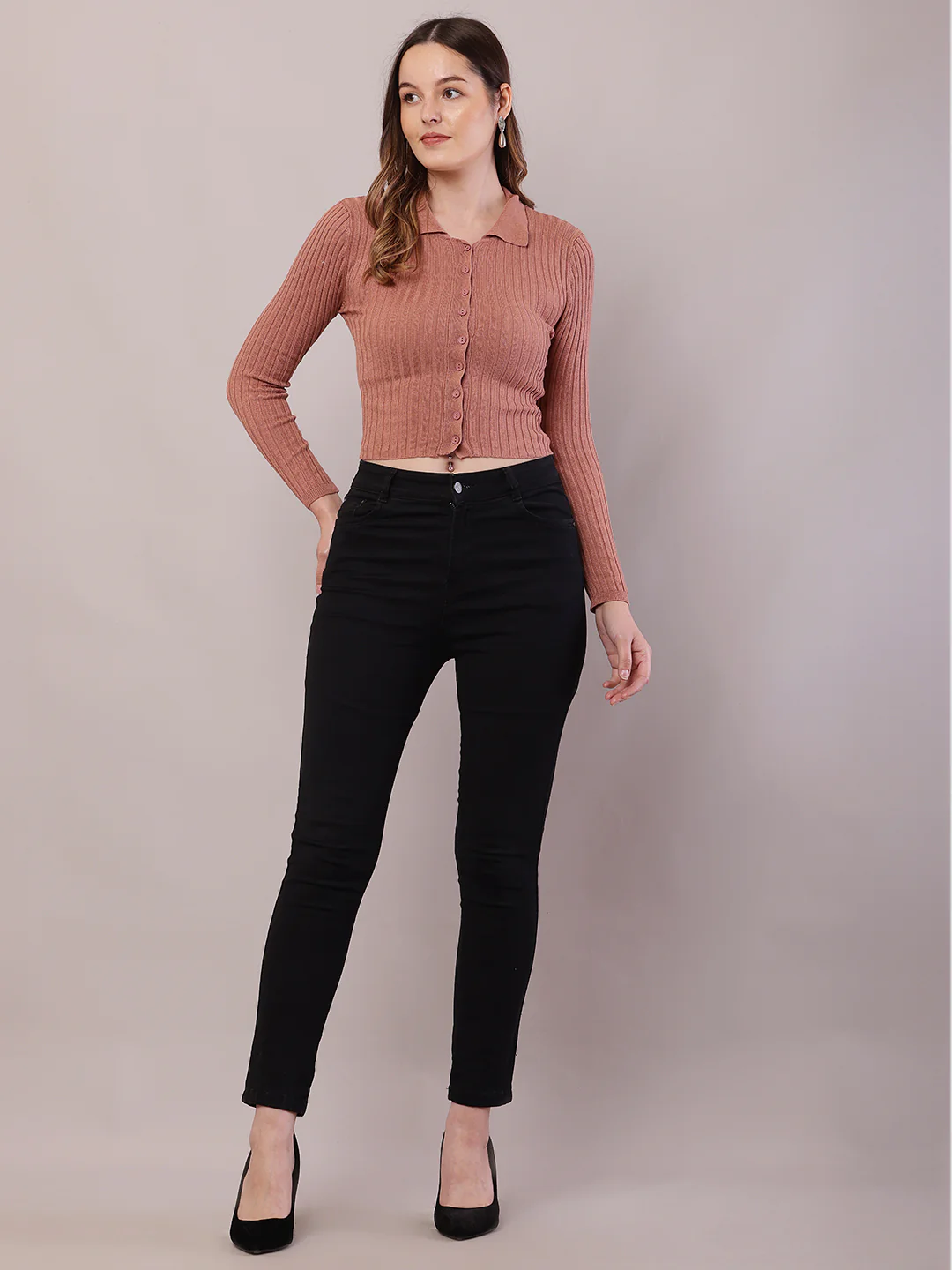 Women Black Viscose Ribbed Shirt Collar Cardigan - Image 3