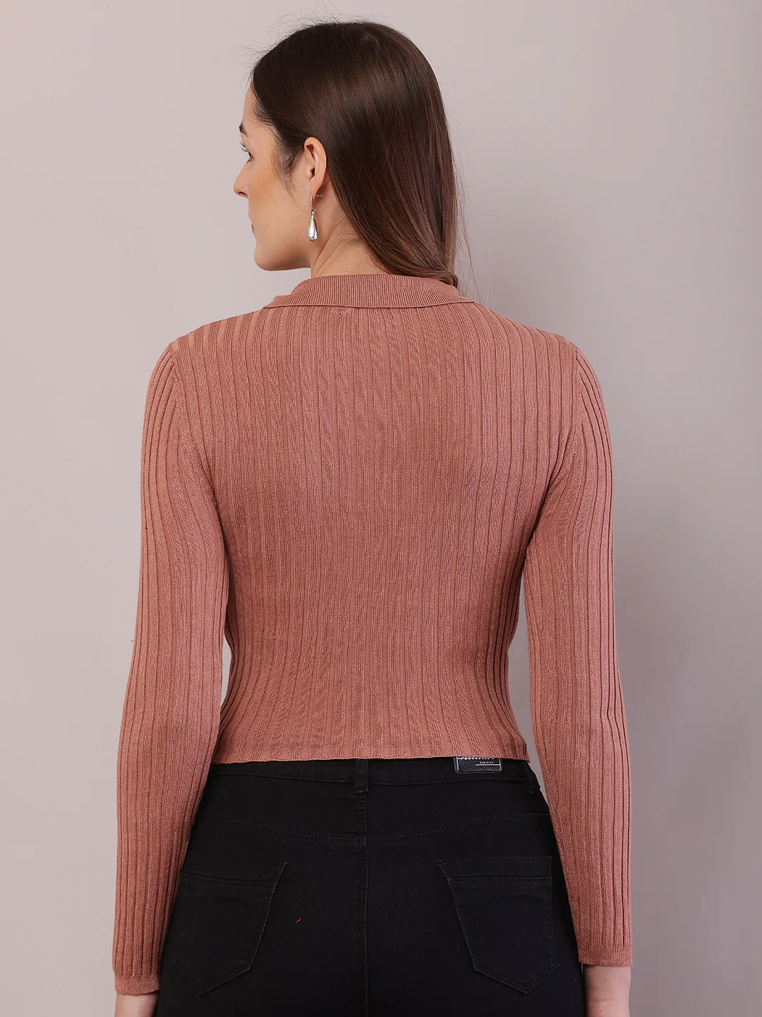 Women Black Viscose Ribbed Shirt Collar Cardigan - Image 4