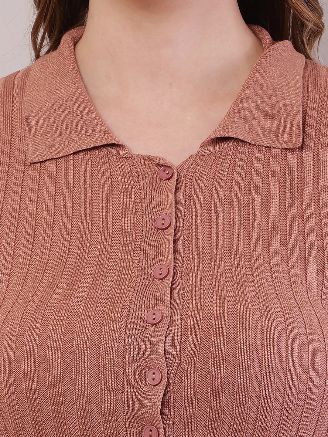Women Black Viscose Ribbed Shirt Collar Cardigan - Image 5