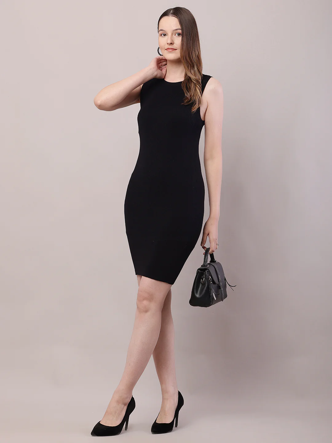 Women Black Viscose Sleeveless Round Neck Bodycon Dress - Image 3