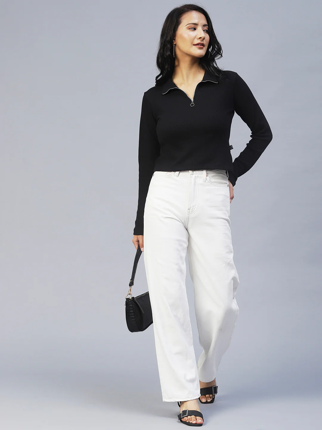Women Black Waffle Knit Top - Image 3