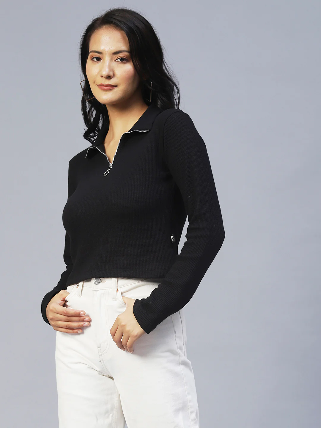Women Black Waffle Knit Top - Image 4