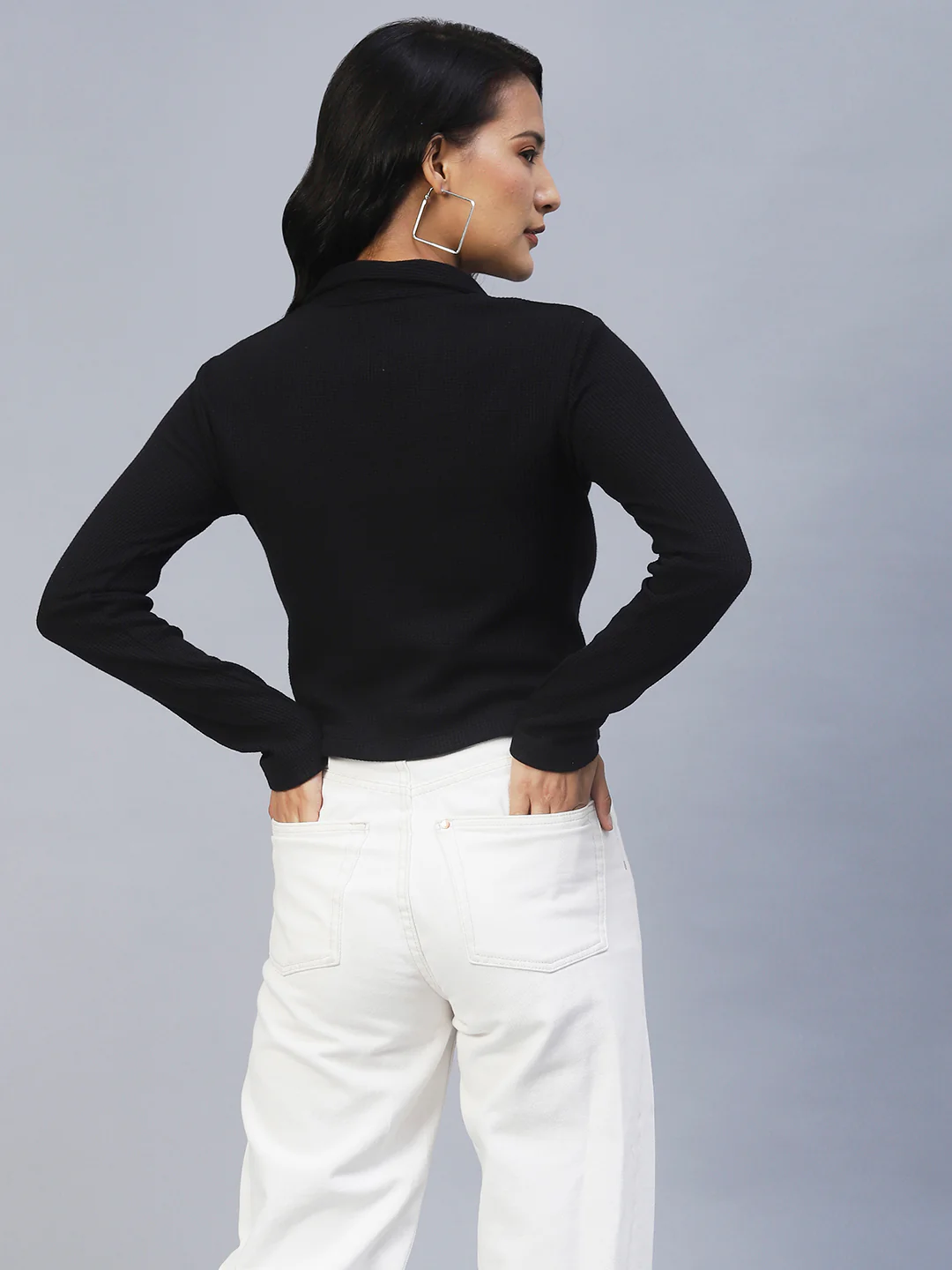 Women Black Waffle Knit Top - Image 5