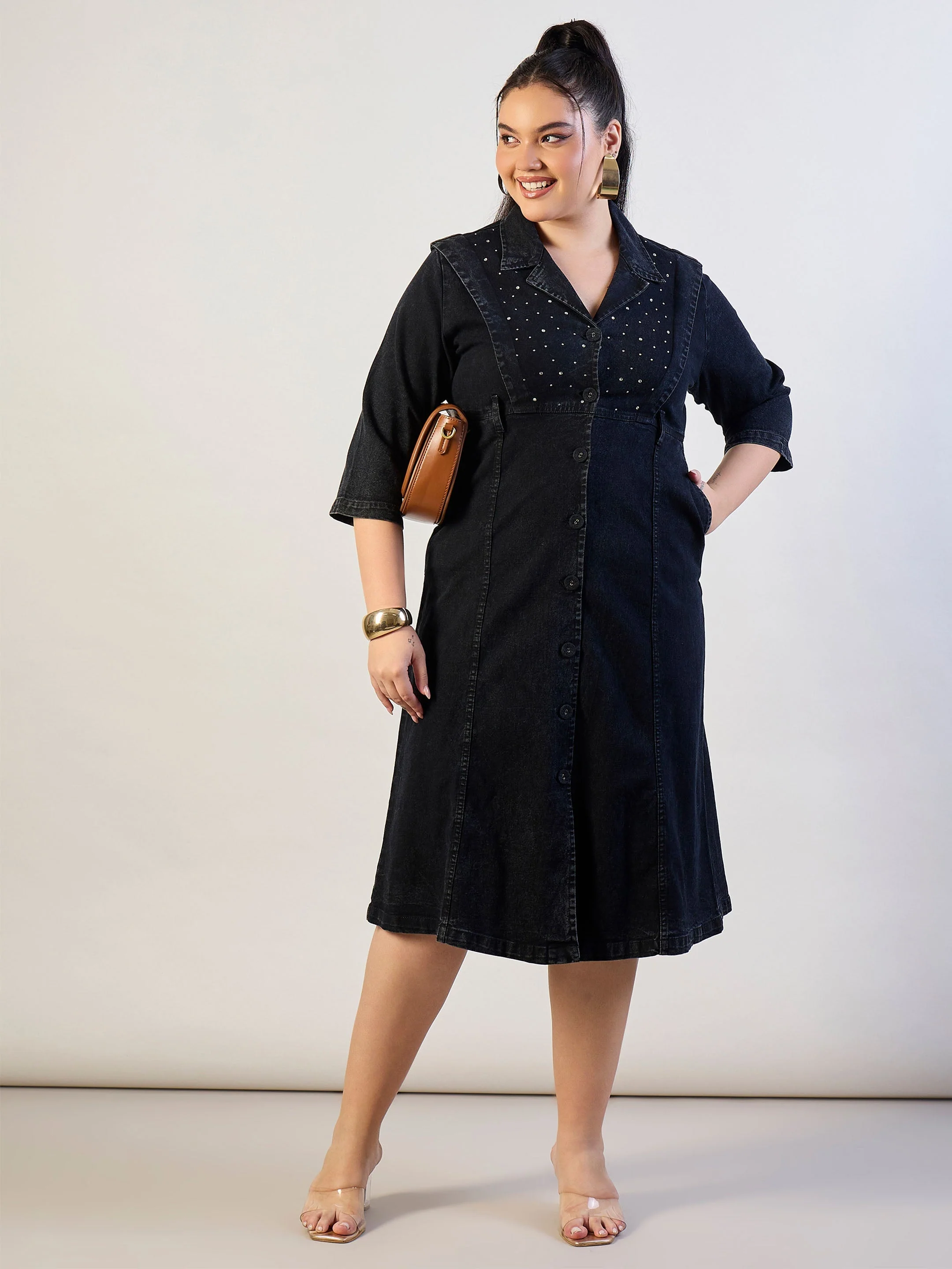 Women Black Wash Denim A Line Midi Dress - Image 2