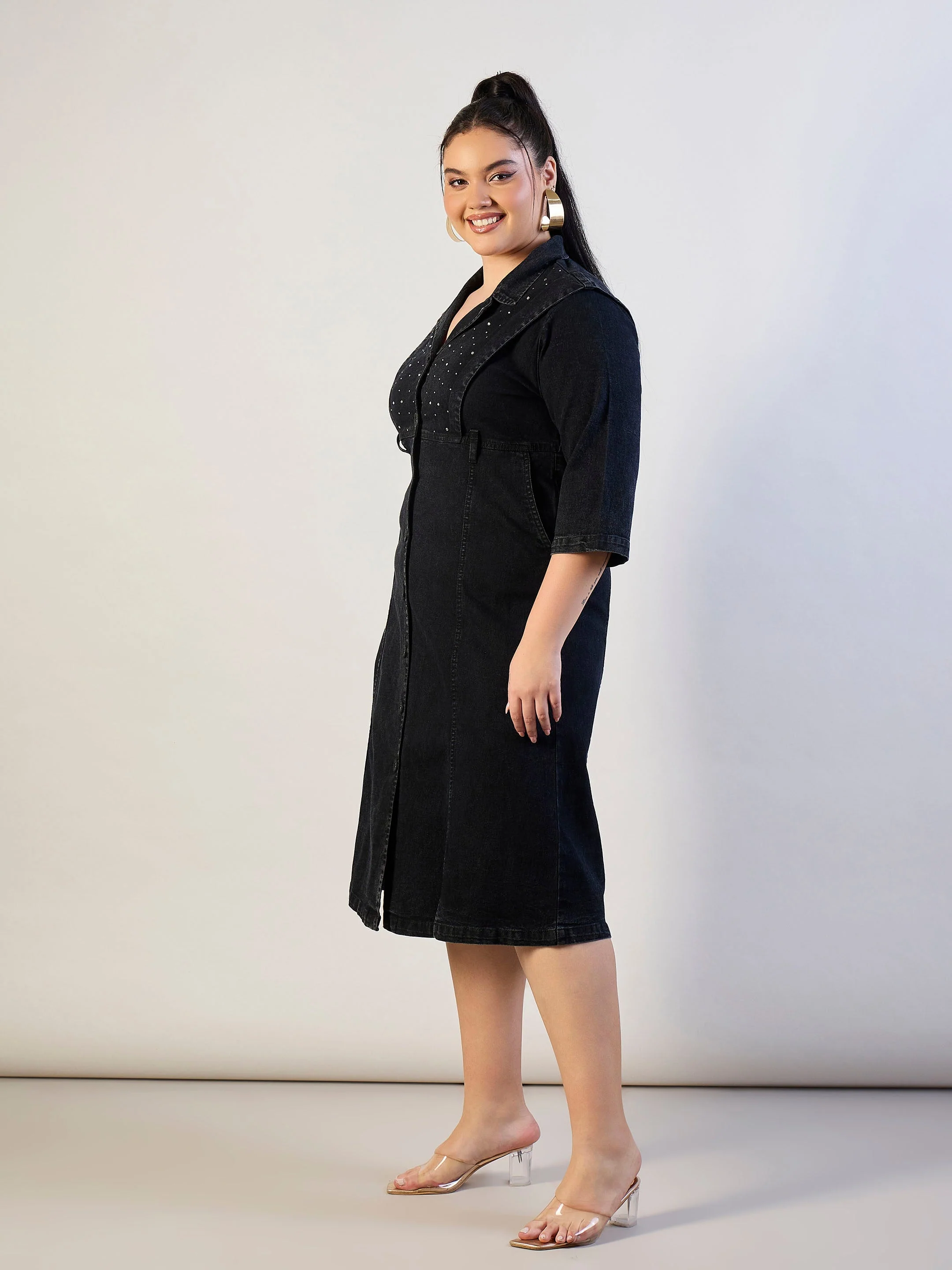Women Black Wash Denim A Line Midi Dress - Image 3